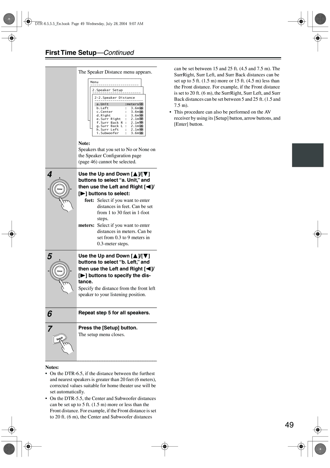 Integra DTR-5.5 Speaker Distance menu appears, Buttons to specify the dis- tance, Repeat for all speakers 
