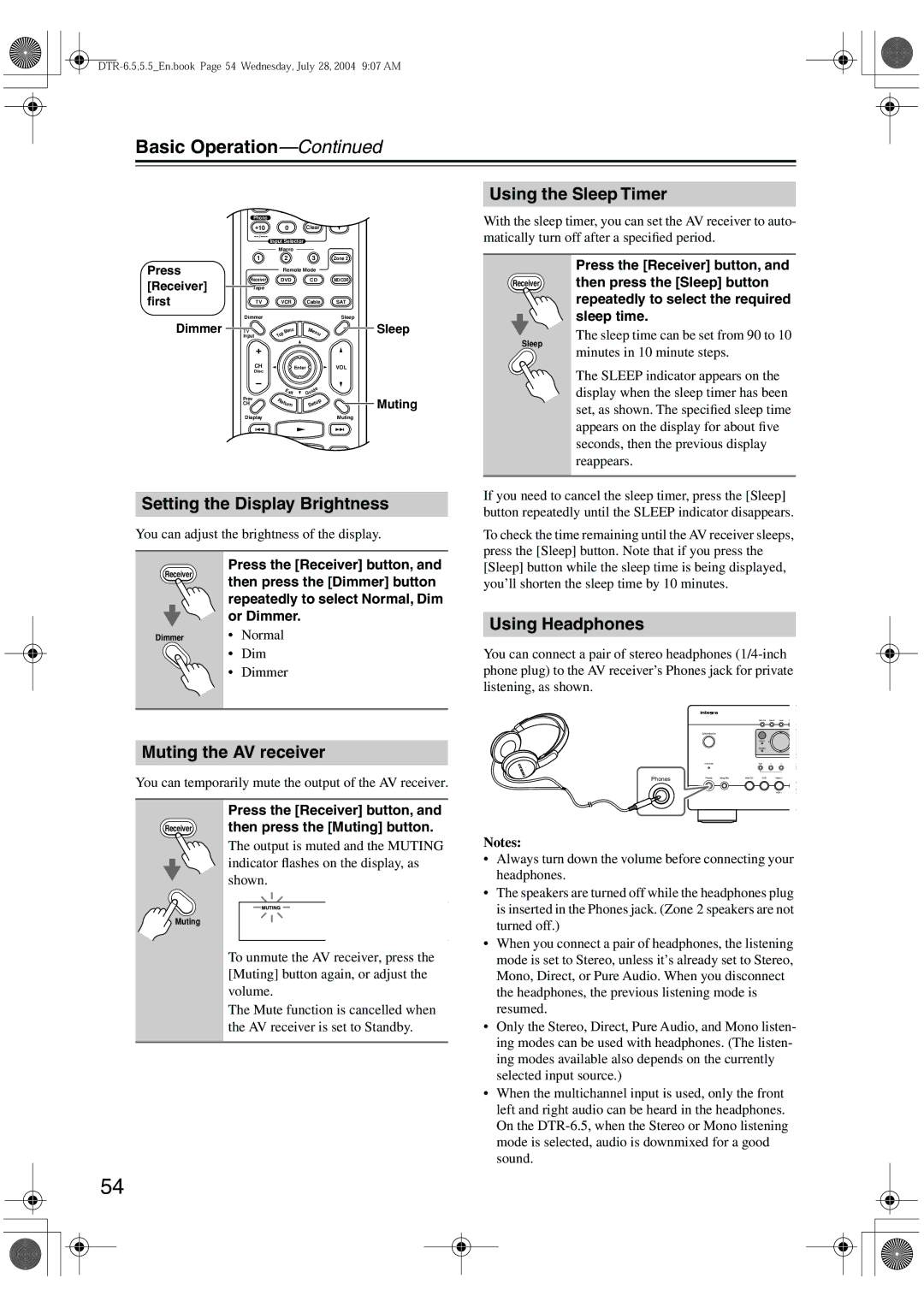 Integra DTR-5.5 Basic Operation, Setting the Display Brightness, Muting the AV receiver, Using the Sleep Timer 