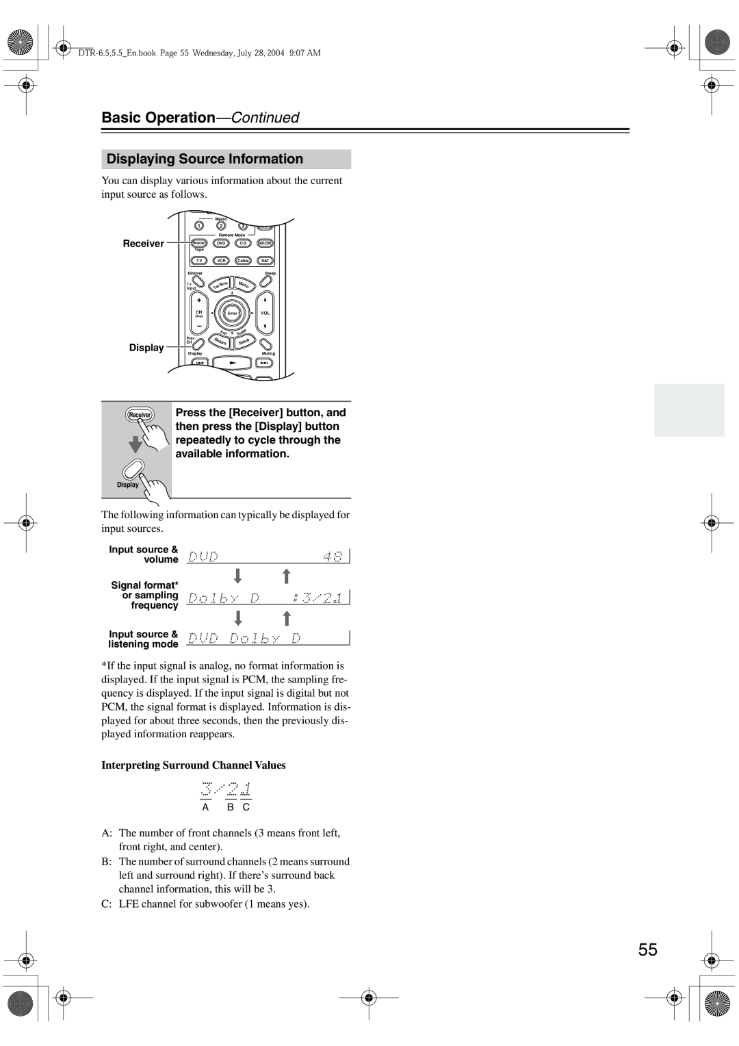 Integra DTR-5.5 instruction manual Displaying Source Information, You can display various information about the current 