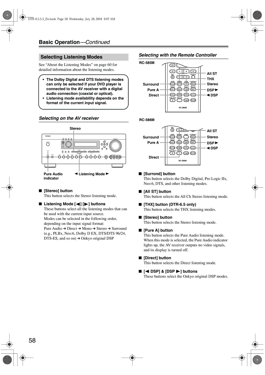 Integra DTR-5.5 instruction manual Selecting with the Remote Controller, Selecting on the AV receiver, Surrond button 