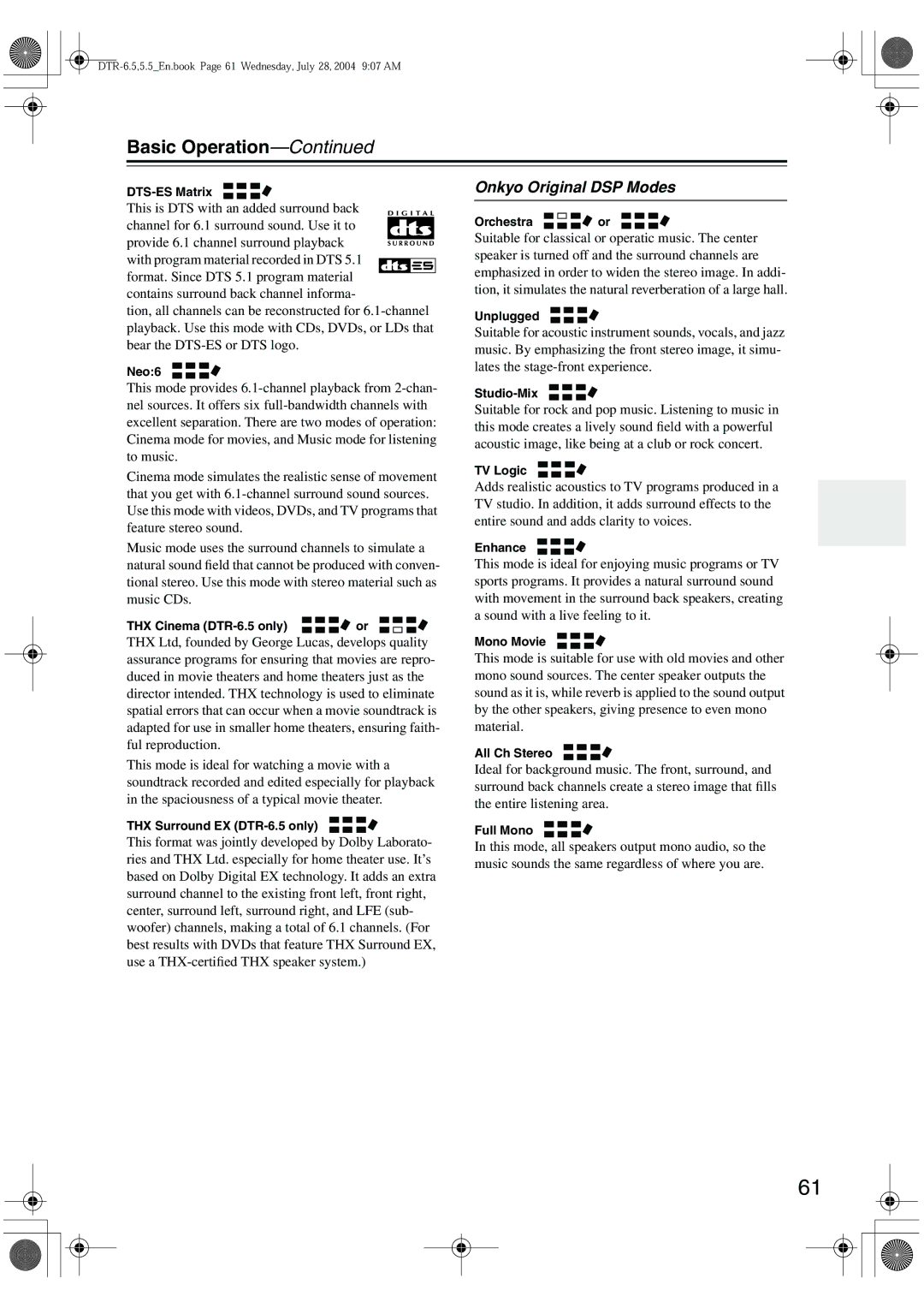 Integra DTR-5.5 instruction manual Onkyo Original DSP Modes 