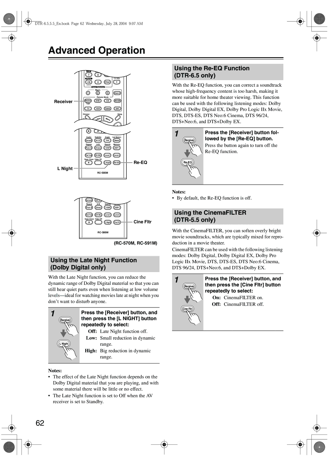 Integra Advanced Operation, Using the Re-EQ Function, DTR-6.5 only, Using the CinemaFILTER DTR-5.5 only 