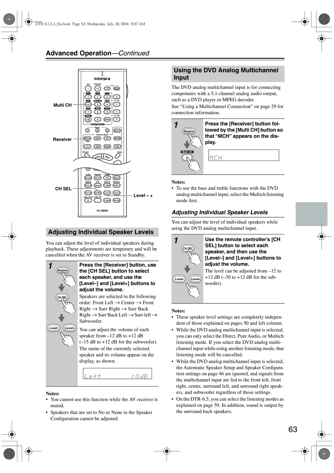 Integra DTR-5.5 instruction manual Advanced Operation, Adjusting Individual Speaker Levels 