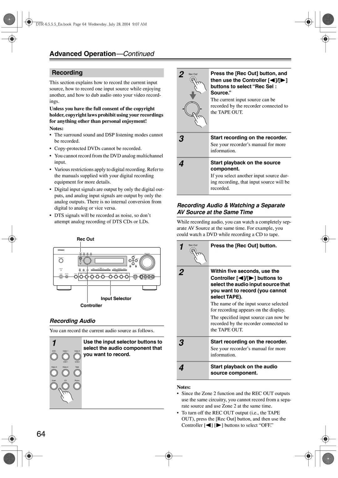 Integra DTR-5.5 instruction manual Recording Audio 