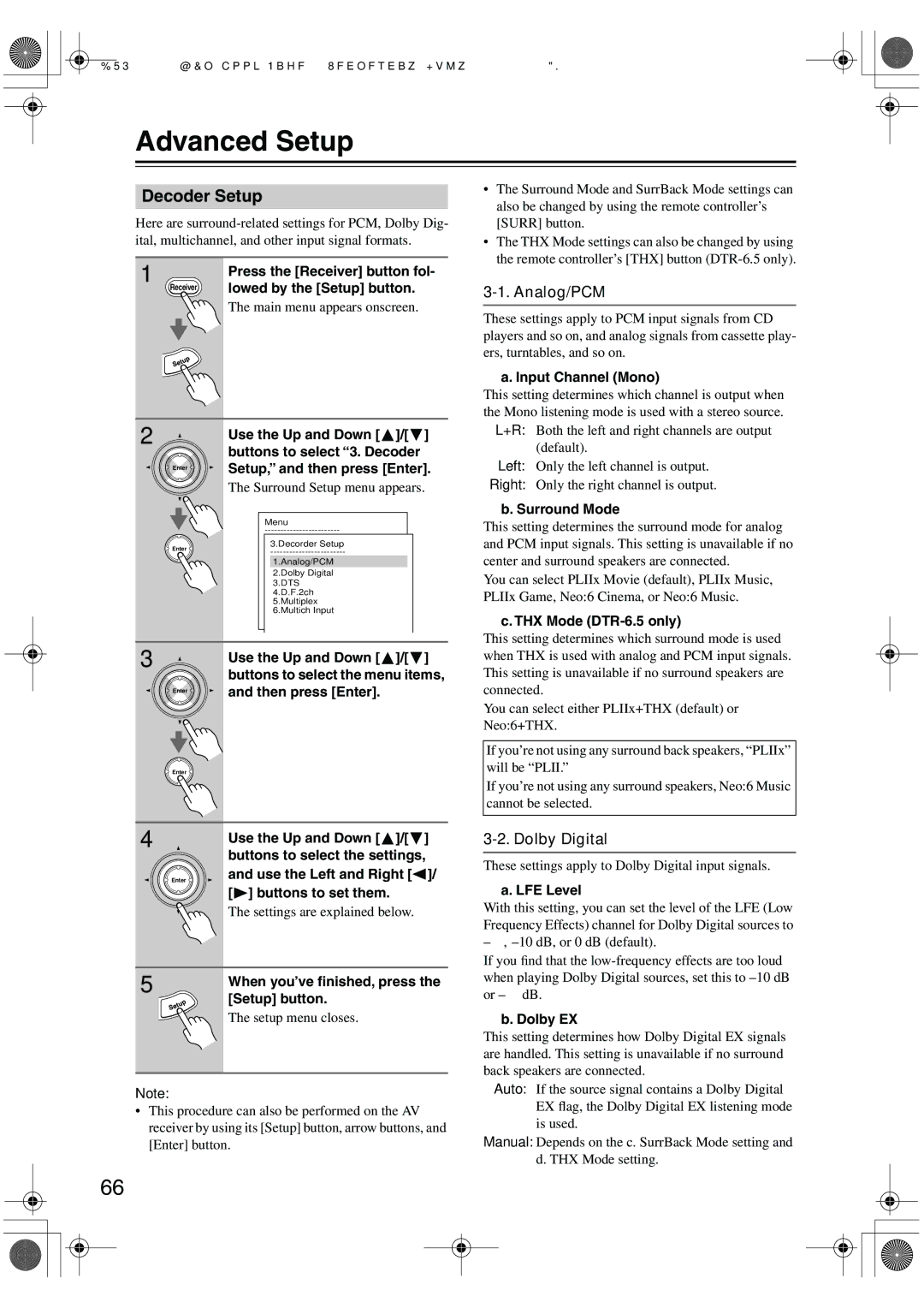 Integra DTR-5.5 instruction manual Advanced Setup, Decoder Setup, Analog/PCM, Dolby Digital 