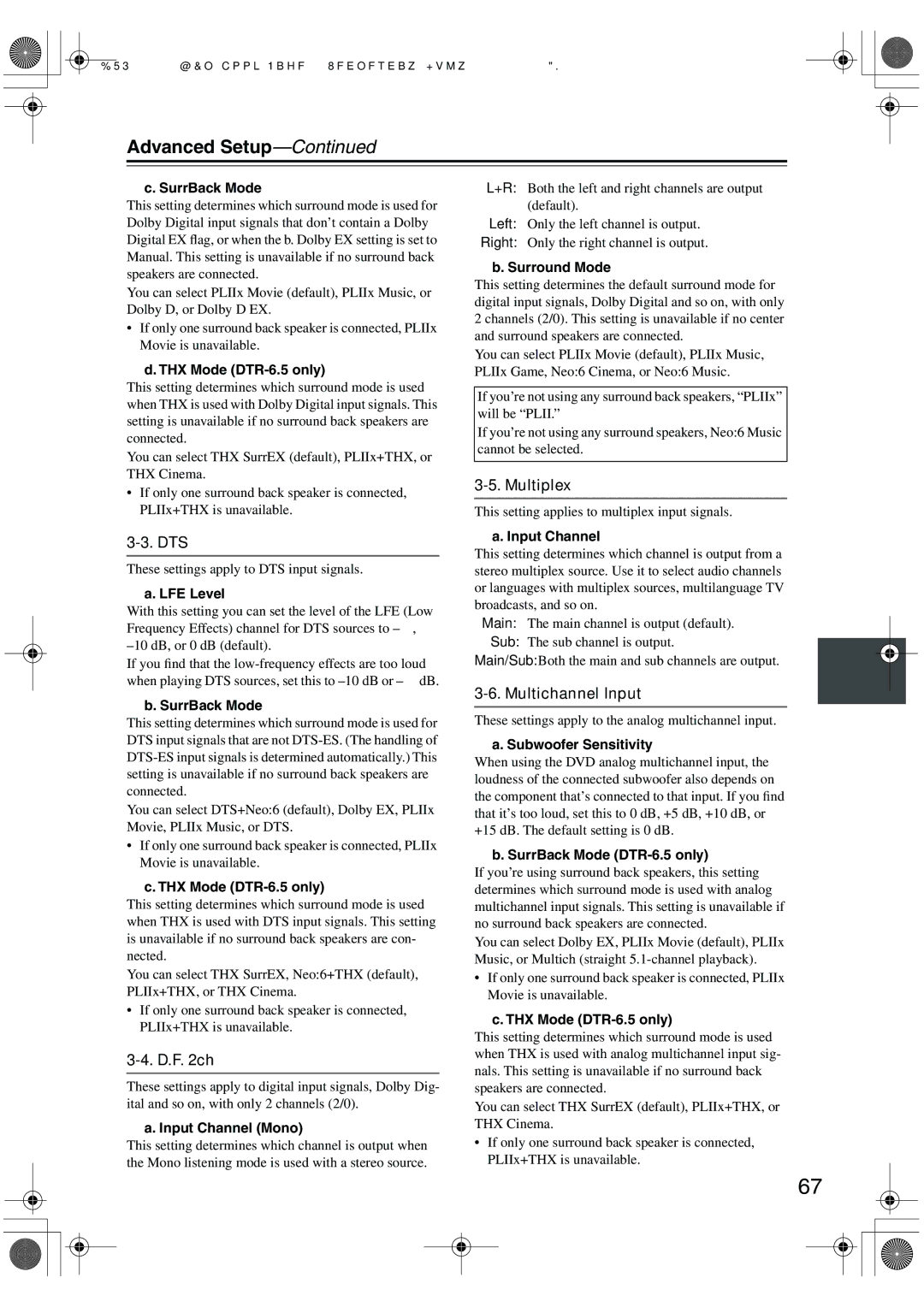 Integra DTR-5.5 instruction manual Advanced Setup, Dts, D.F ch, Multiplex, Multichannel Input 