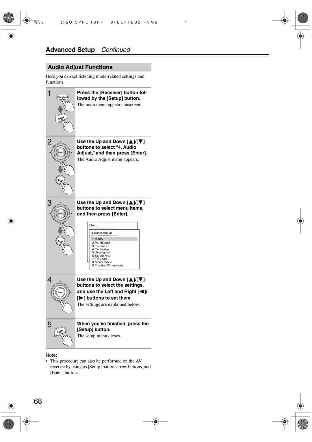 Integra DTR-5.5 instruction manual Audio Adjust Functions, Audio Adjust menu appears, Settings are explained below 