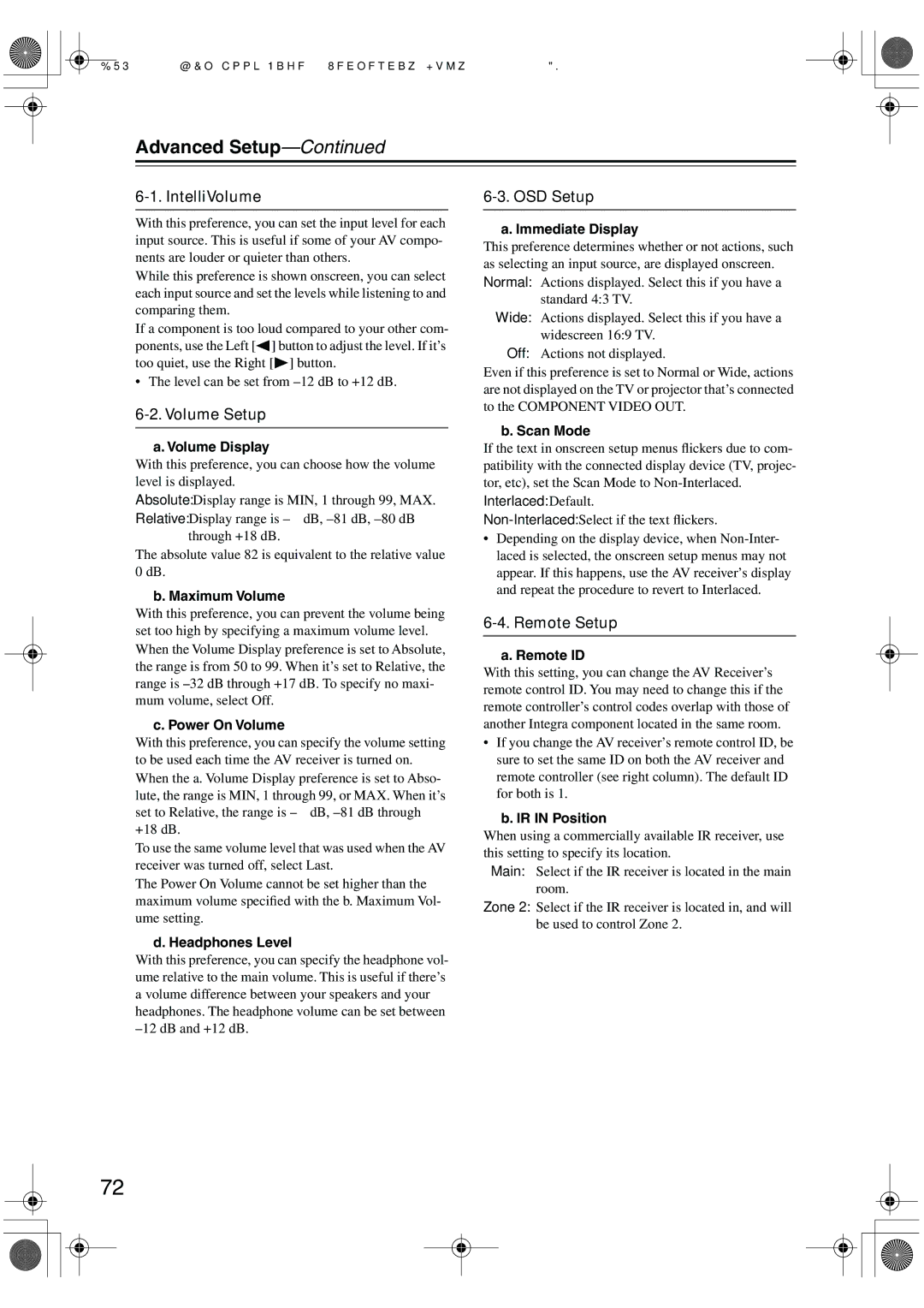 Integra DTR-5.5 instruction manual IntelliVolume, Volume Setup, OSD Setup, Remote Setup 