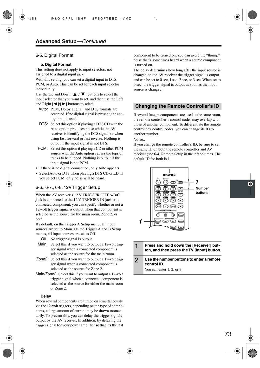 Integra DTR-5.5 instruction manual Changing the Remote Controller’s ID, Digital Format, 6-7., 6-8 V Trigger Setup 