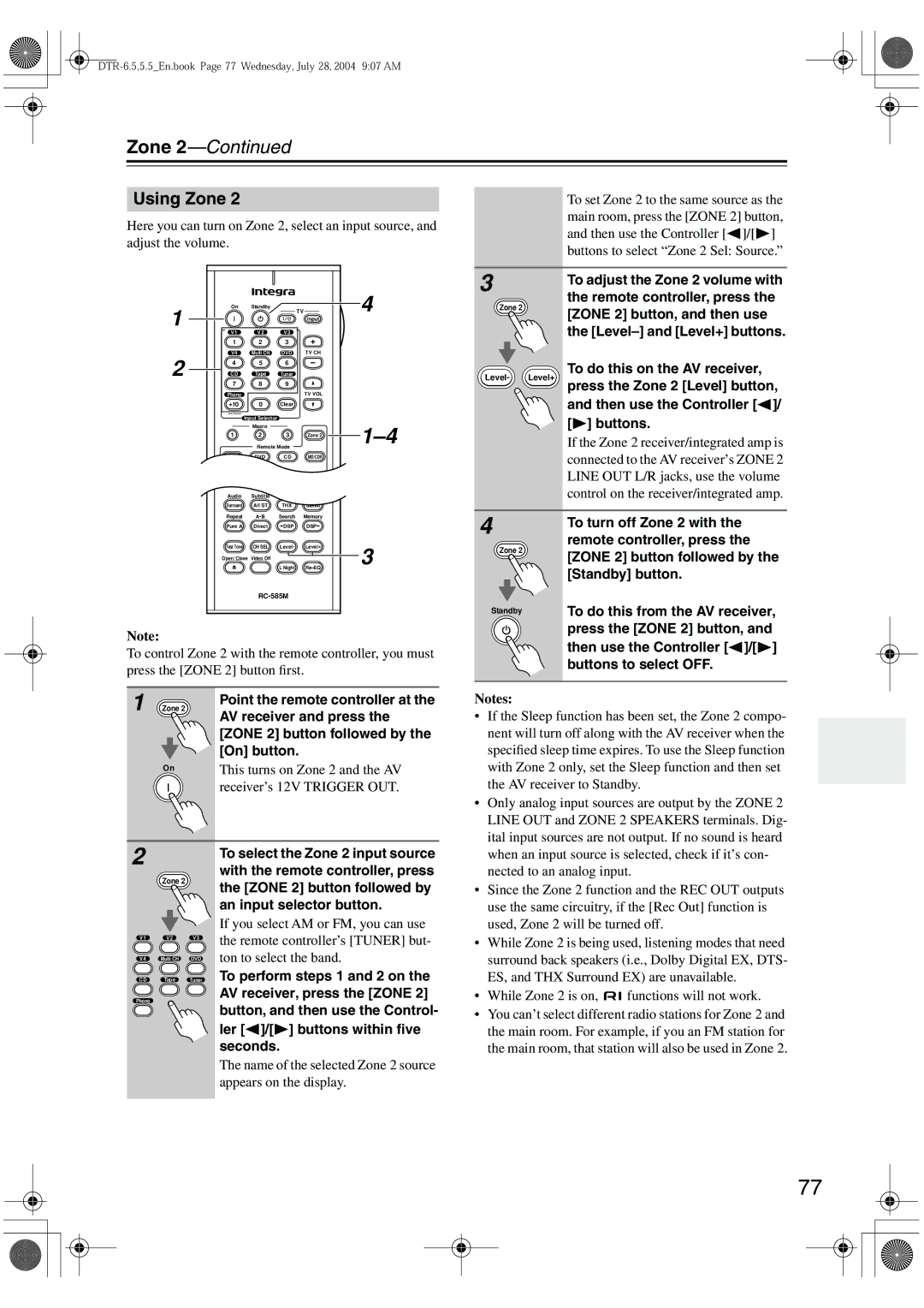 Integra DTR-5.5 instruction manual Using Zone 