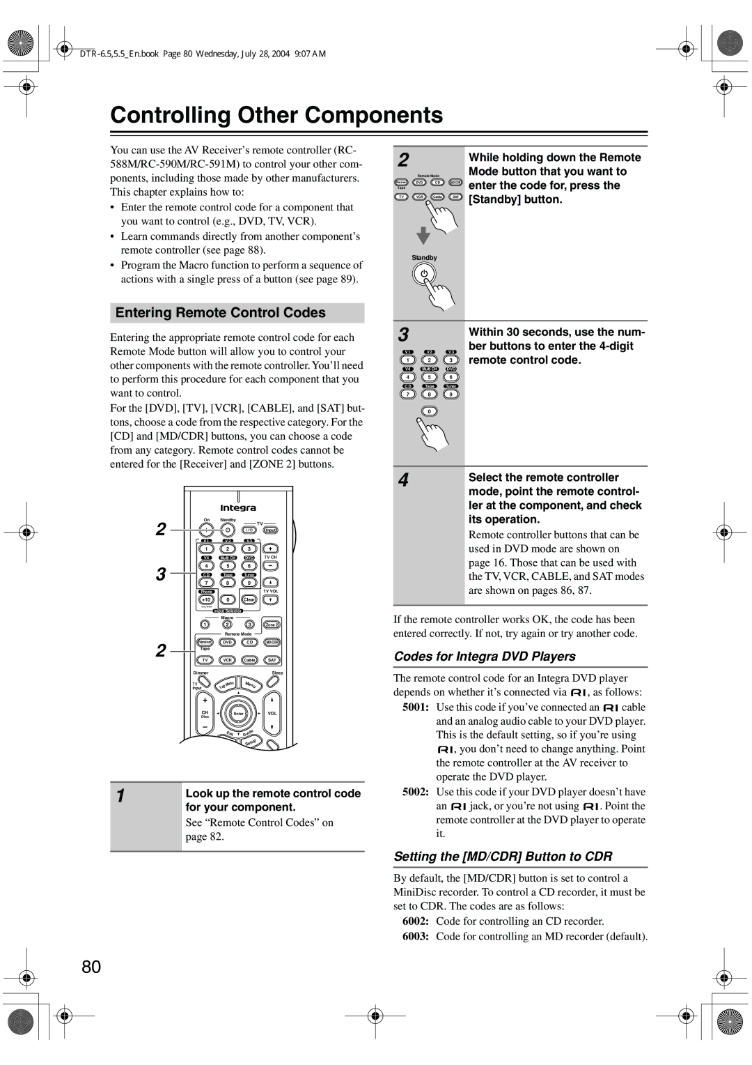 Integra DTR-5.5 Controlling Other Components, Entering Remote Control Codes, Codes for Integra DVD Players 