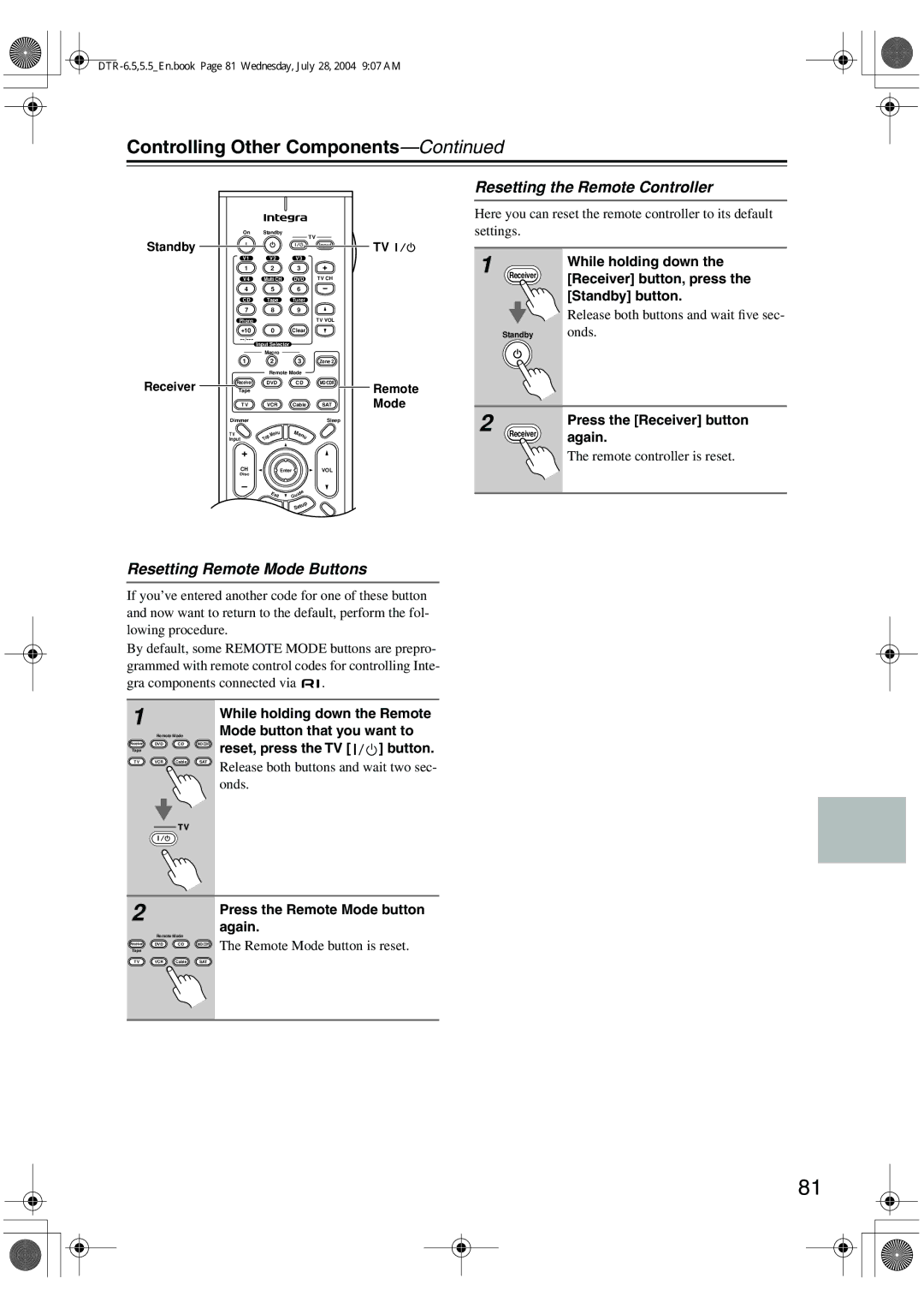 Integra DTR-5.5 Controlling Other Components, Resetting Remote Mode Buttons, Resetting the Remote Controller 