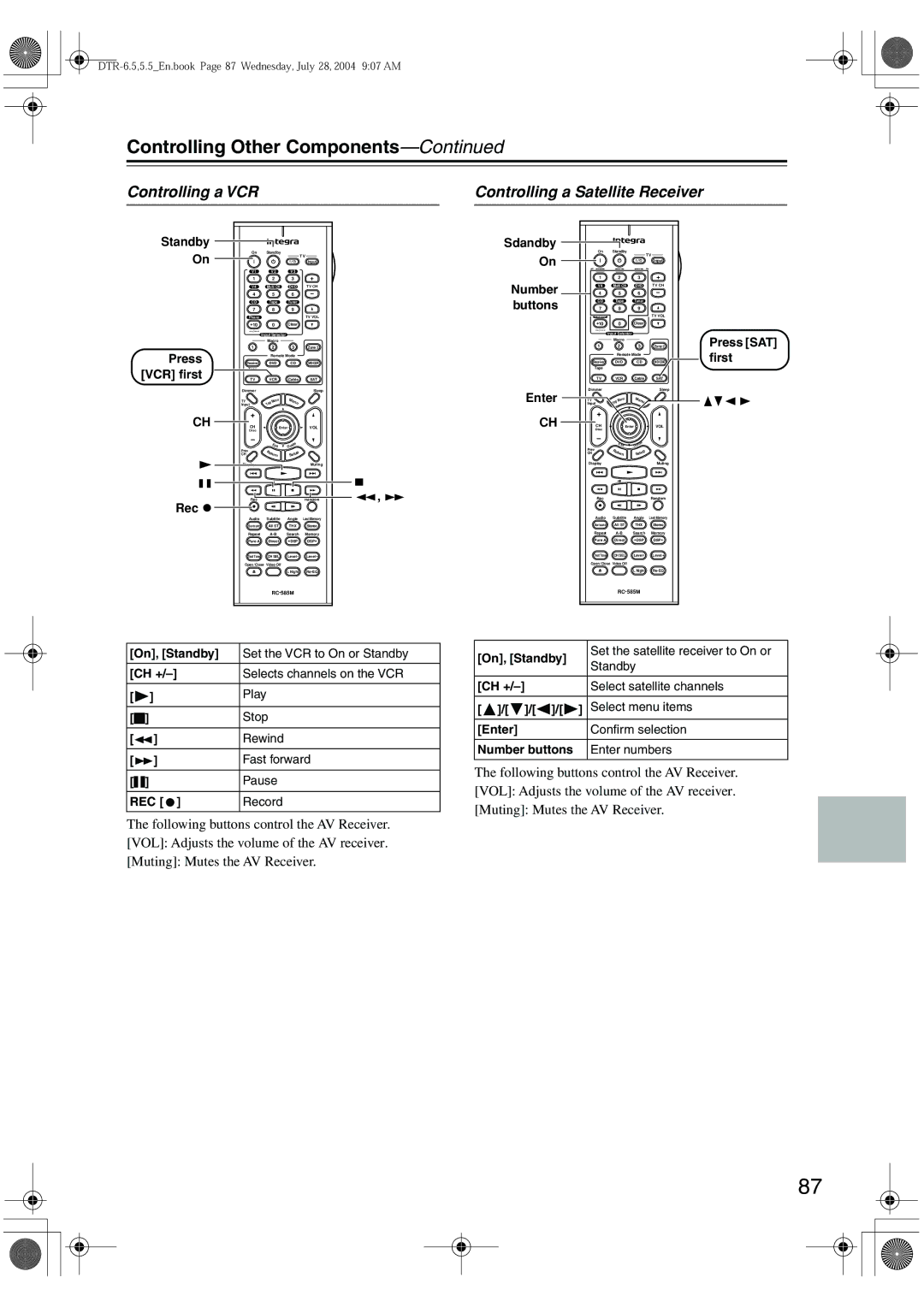 Integra DTR-5.5 instruction manual Controlling a VCR Controlling a Satellite Receiver, Number, Buttons, Enter 