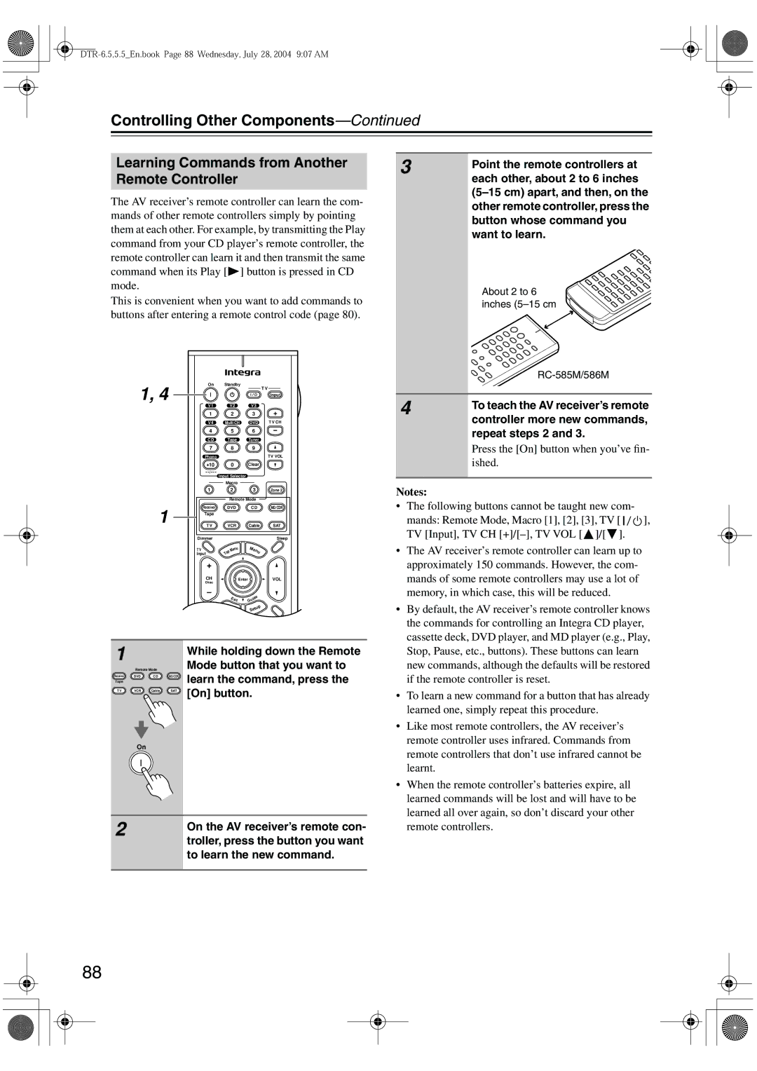 Integra DTR-5.5 instruction manual Learning Commands from Another Remote Controller 