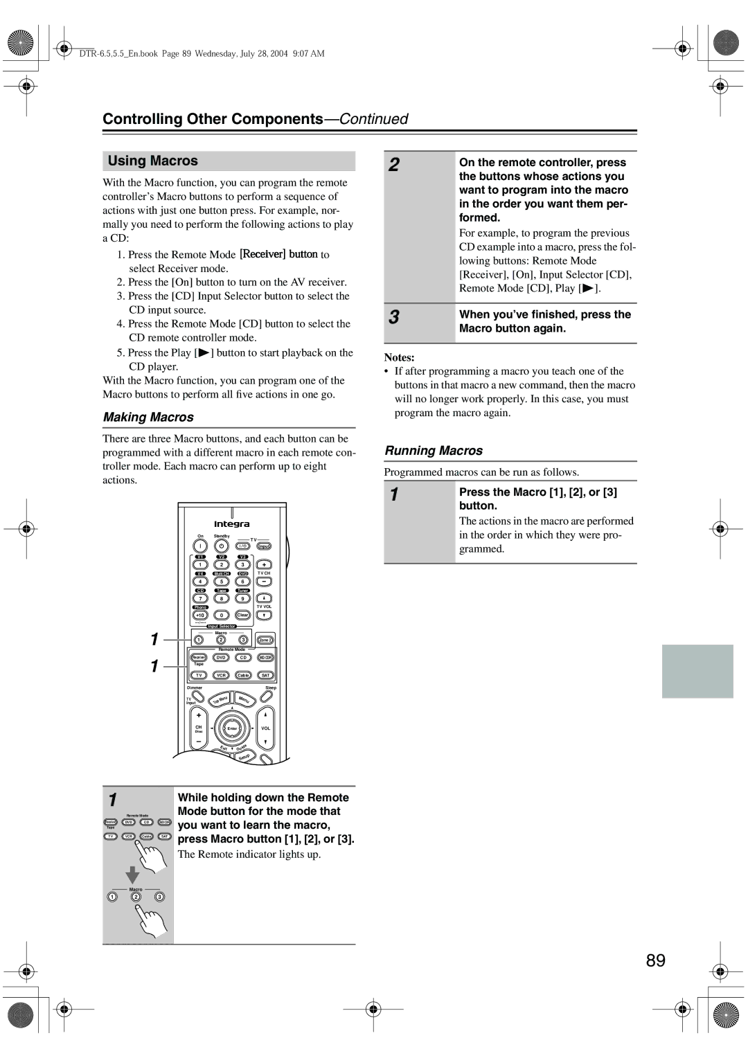 Integra DTR-5.5 instruction manual Using Macros, Making Macros, Running Macros 