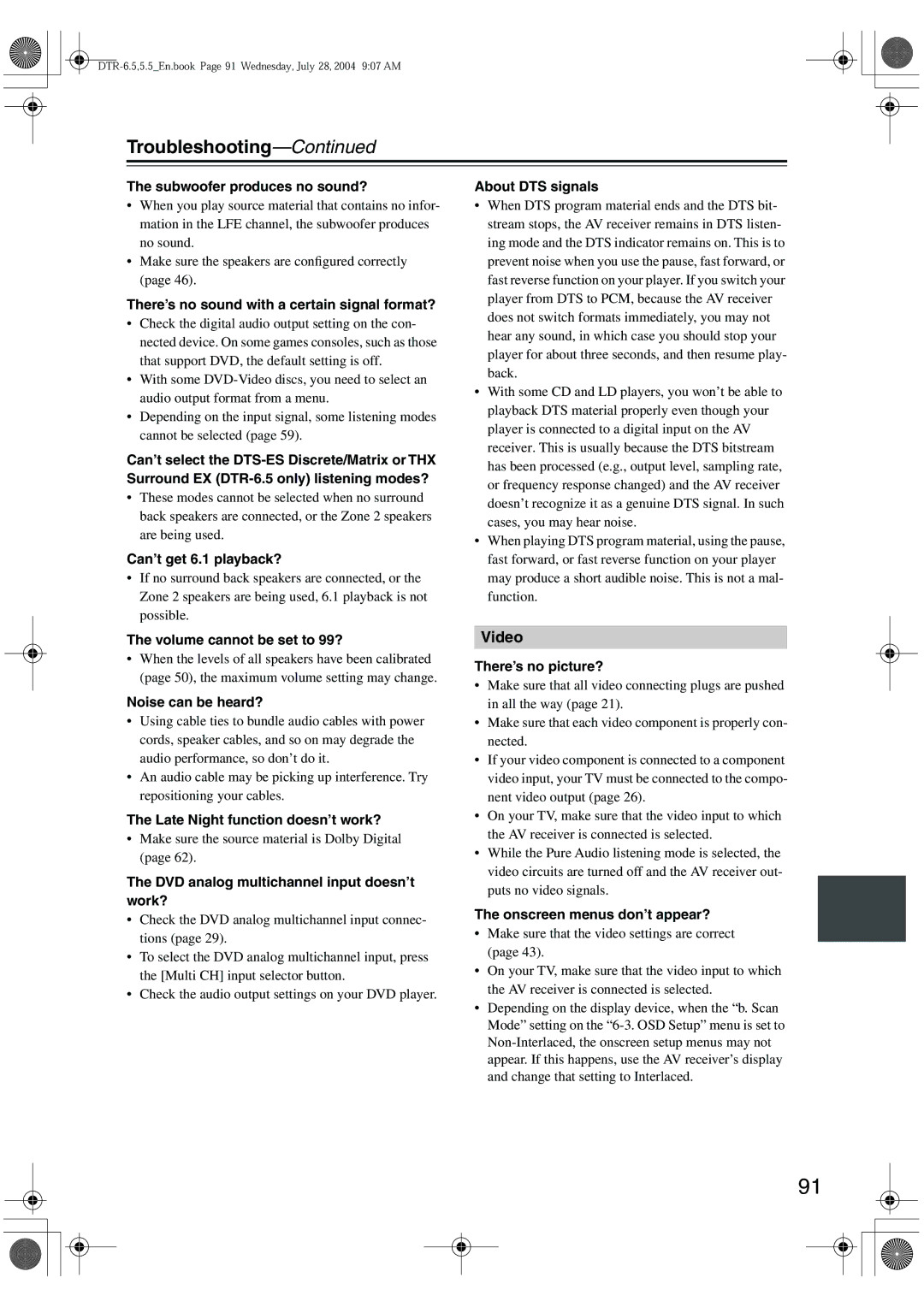 Integra DTR-5.5 instruction manual Troubleshooting 