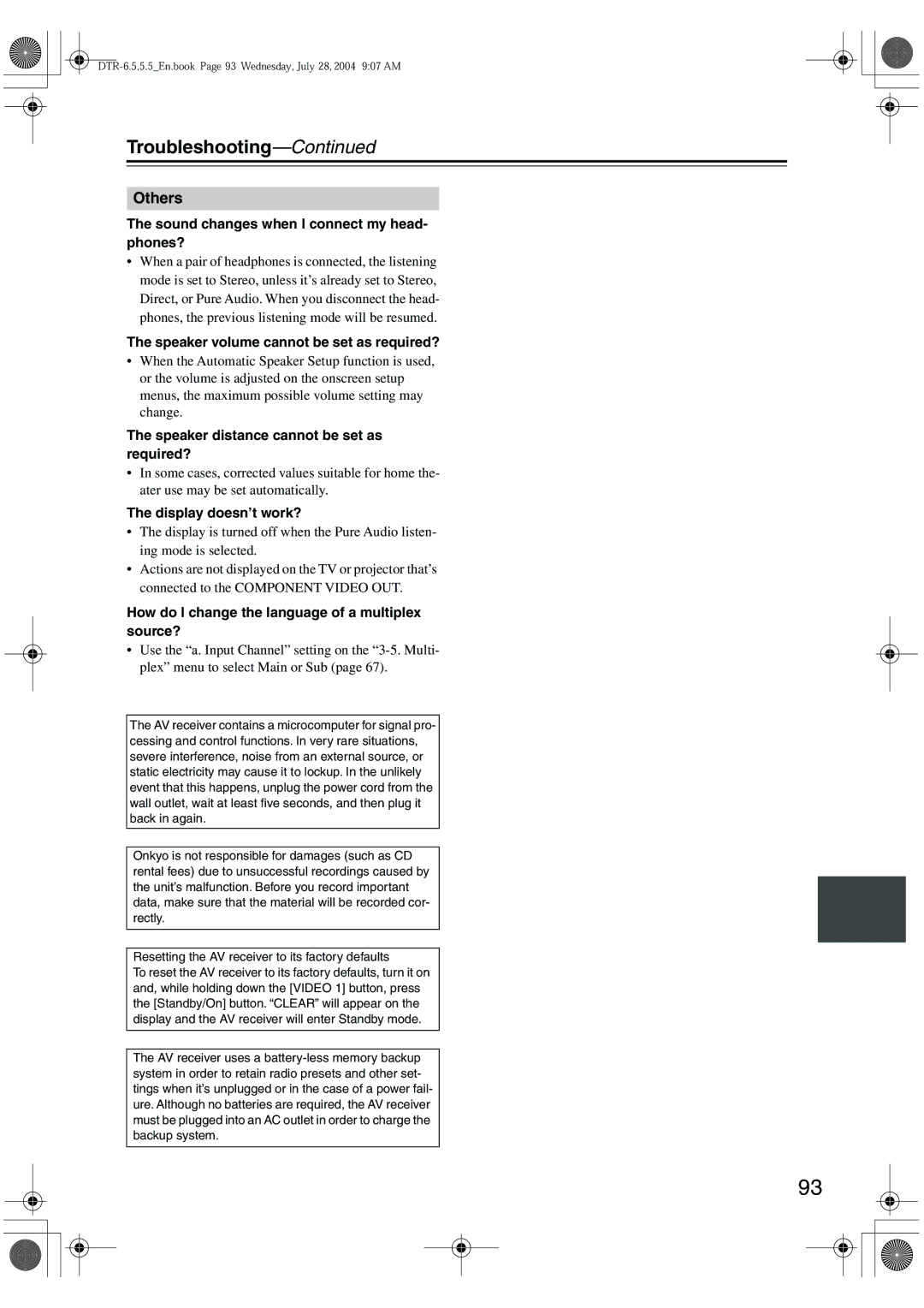 Integra DTR-5.5 instruction manual Sound changes when I connect my head- phones?, Speaker volume cannot be set as required? 