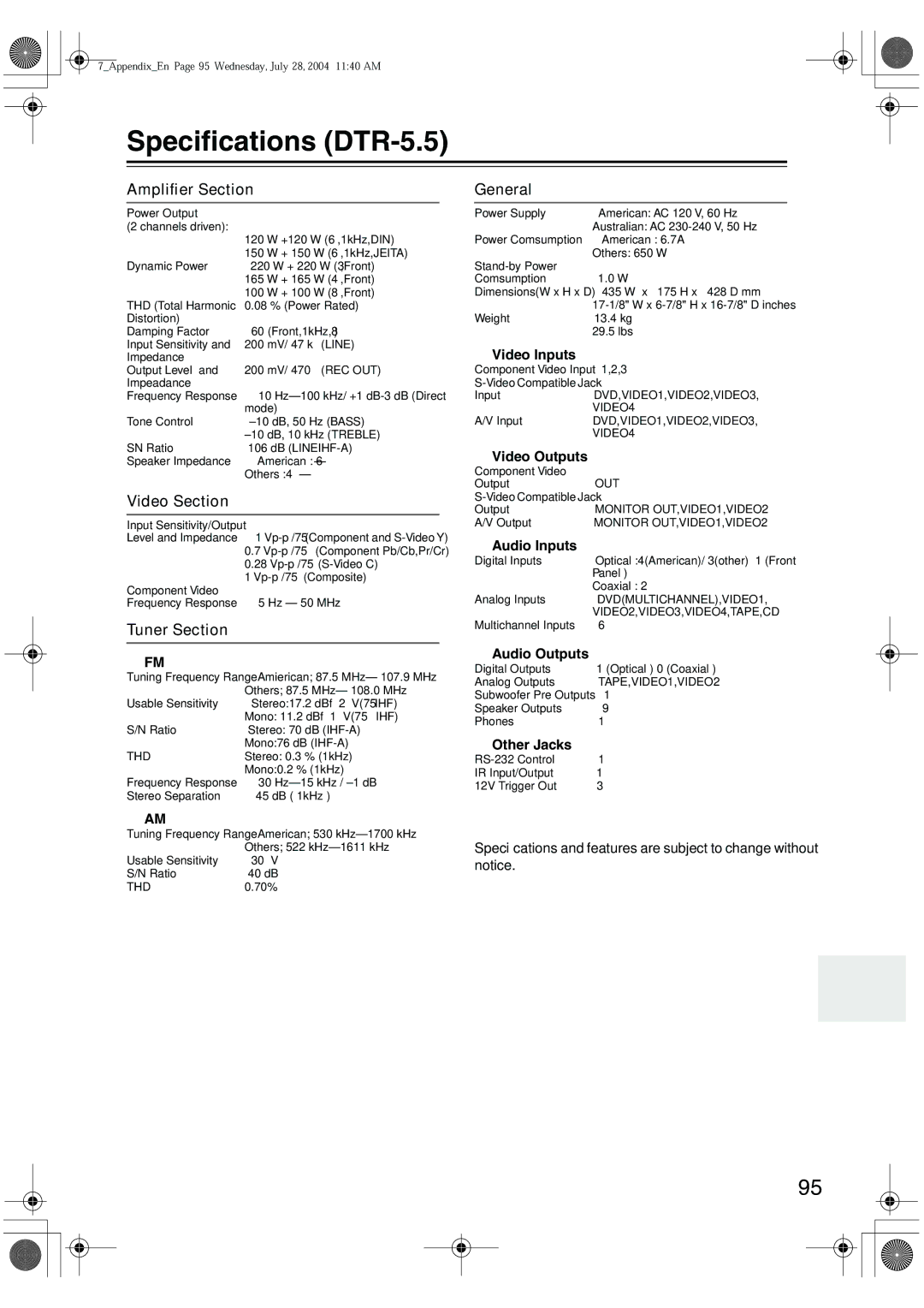 Integra instruction manual Speciﬁcations DTR-5.5 