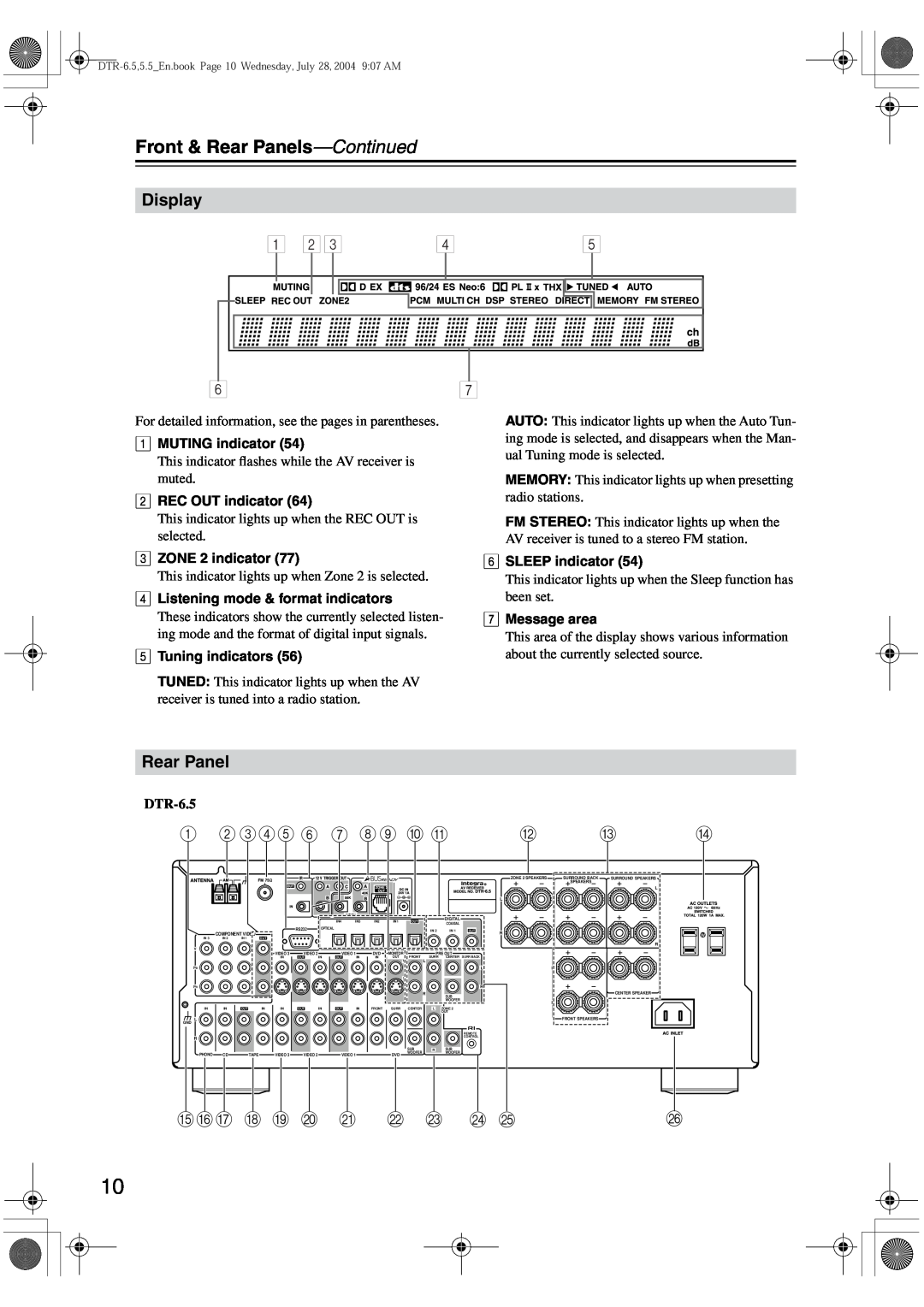 Integra DTR-5.5 instruction manual Display, B CDE 6 G H9 J K, Front & Rear Panels—Continued, Opq R S T, DTR-6.5 