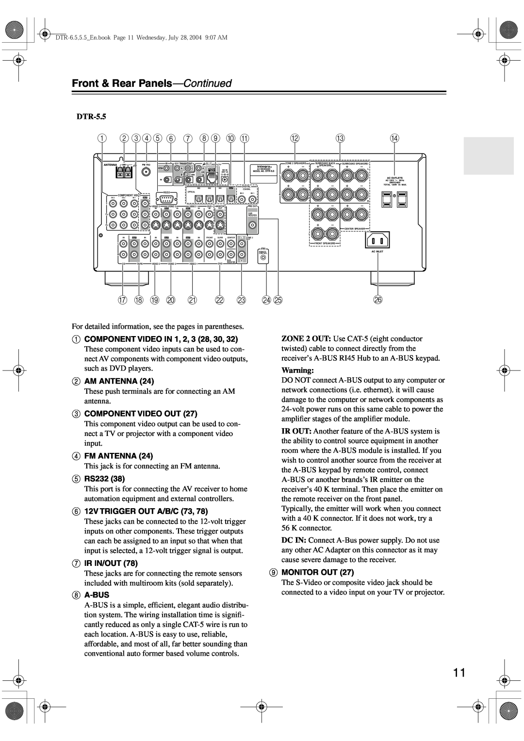 Integra DTR-5.5 instruction manual Front & Rear Panels-Continued, B CDE 6 G H9 J K, Q R S T, U V W 