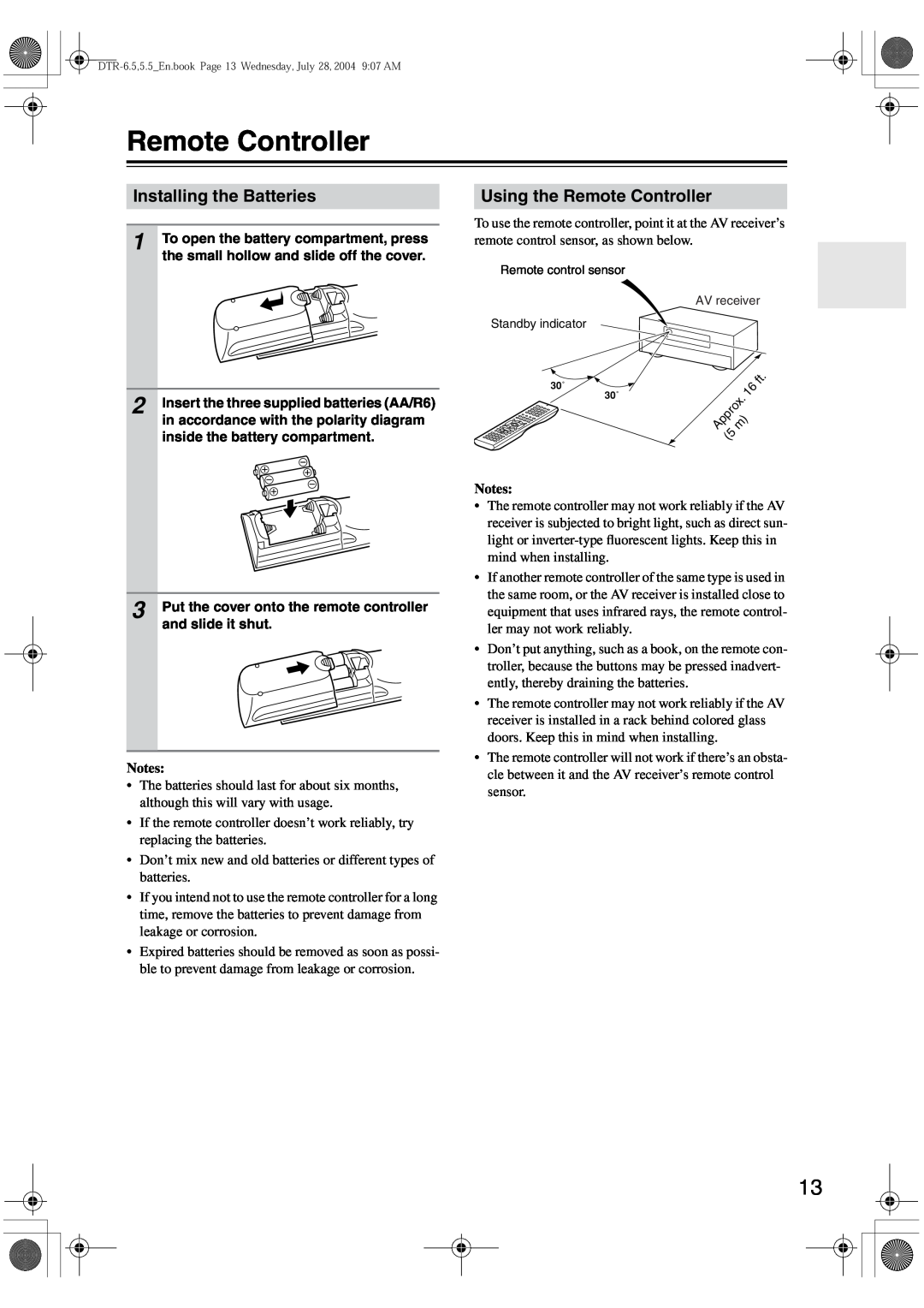 Integra DTR-5.5 instruction manual Installing the Batteries, Using the Remote Controller, Notes 