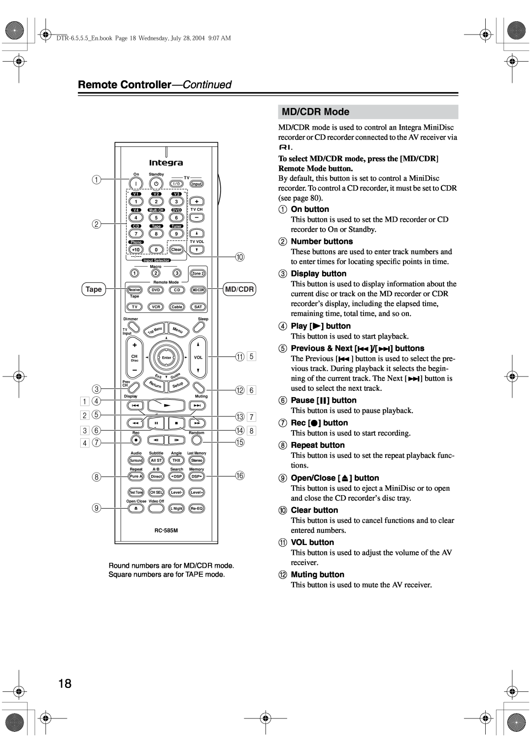 Integra DTR-5.5 instruction manual MD/CDR Mode, Remote Controller—Continued 