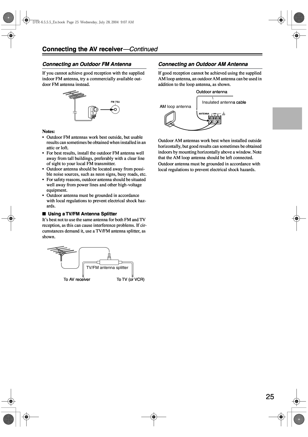 Integra DTR-5.5 Connecting an Outdoor FM Antenna, Connecting an Outdoor AM Antenna, Connecting the AV receiver—Continued 