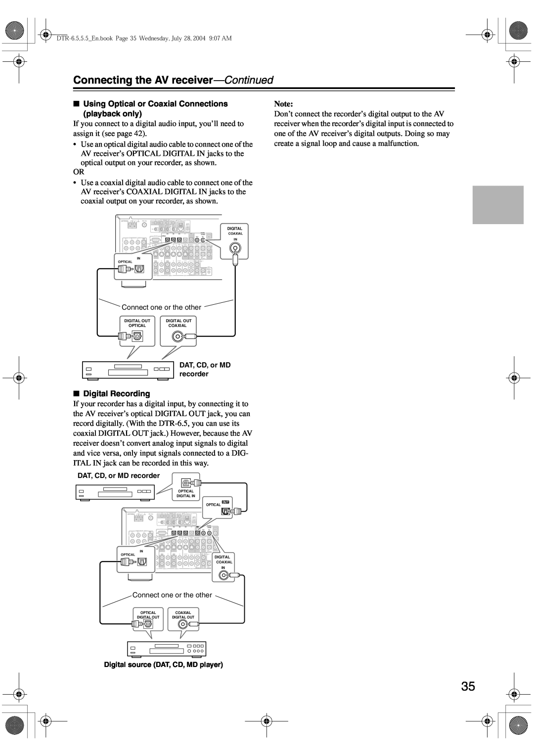 Integra DTR-5.5 instruction manual Connecting the AV receiver—Continued, Digital Recording 