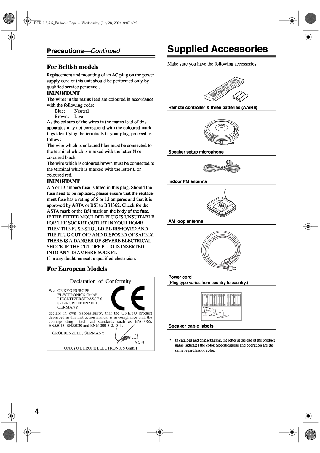 Integra DTR-5.5 instruction manual Supplied Accessories, Precautions—Continued, For British models, For European Models 