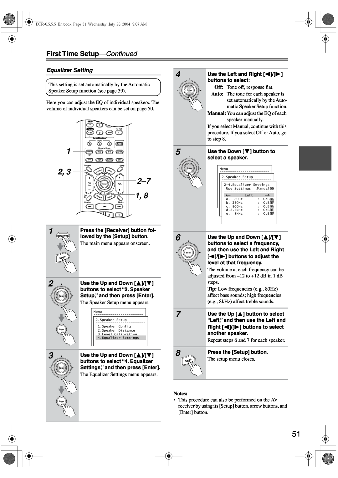 Integra DTR-5.5 instruction manual Equalizer Setting, First Time Setup—Continued, The setup menu closes, Notes 