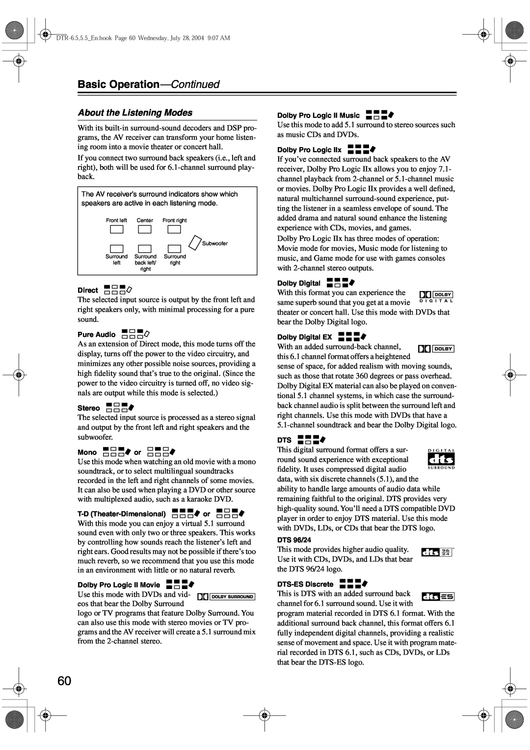 Integra DTR-5.5 instruction manual About the Listening Modes, Basic Operation—Continued 