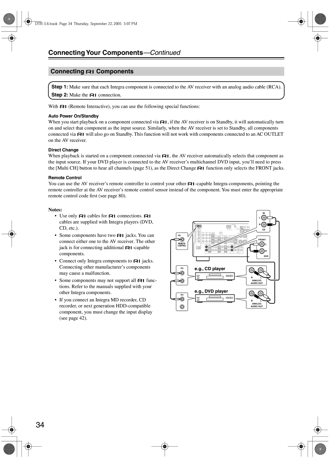 Integra DTR-5.6 instruction manual Connecting Components, Auto Power On/Standby 