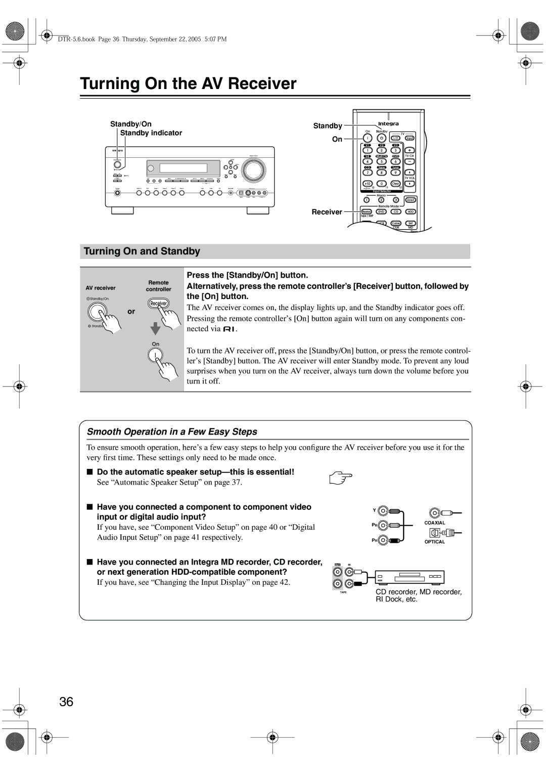 Integra DTR-5.6 instruction manual Turning On the AV Receiver, Turning On and Standby, Smooth Operation in a Few Easy Steps 