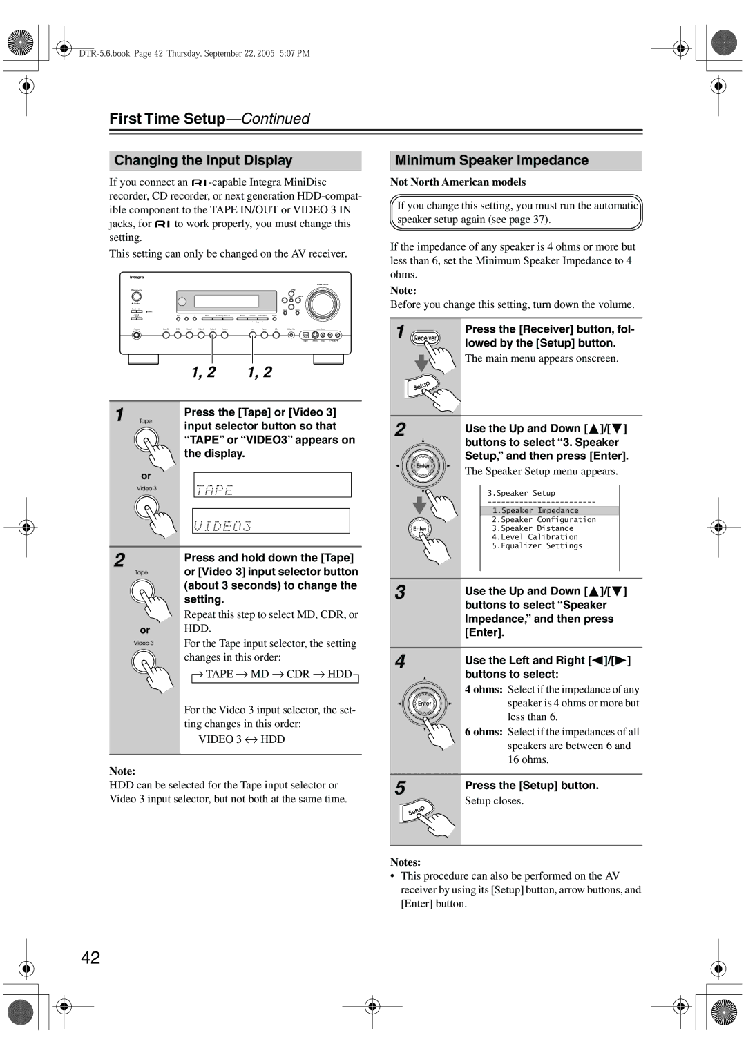 Integra DTR-5.6 instruction manual Changing the Input Display, Minimum Speaker Impedance 