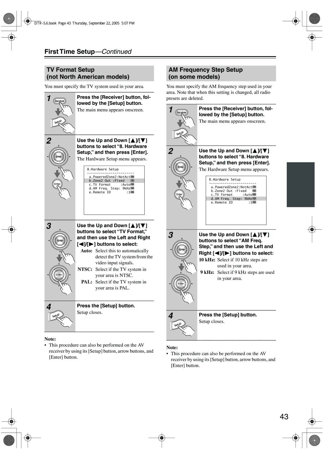 Integra DTR-5.6 instruction manual TV Format Setup Not North American models, AM Frequency Step Setup on some models 