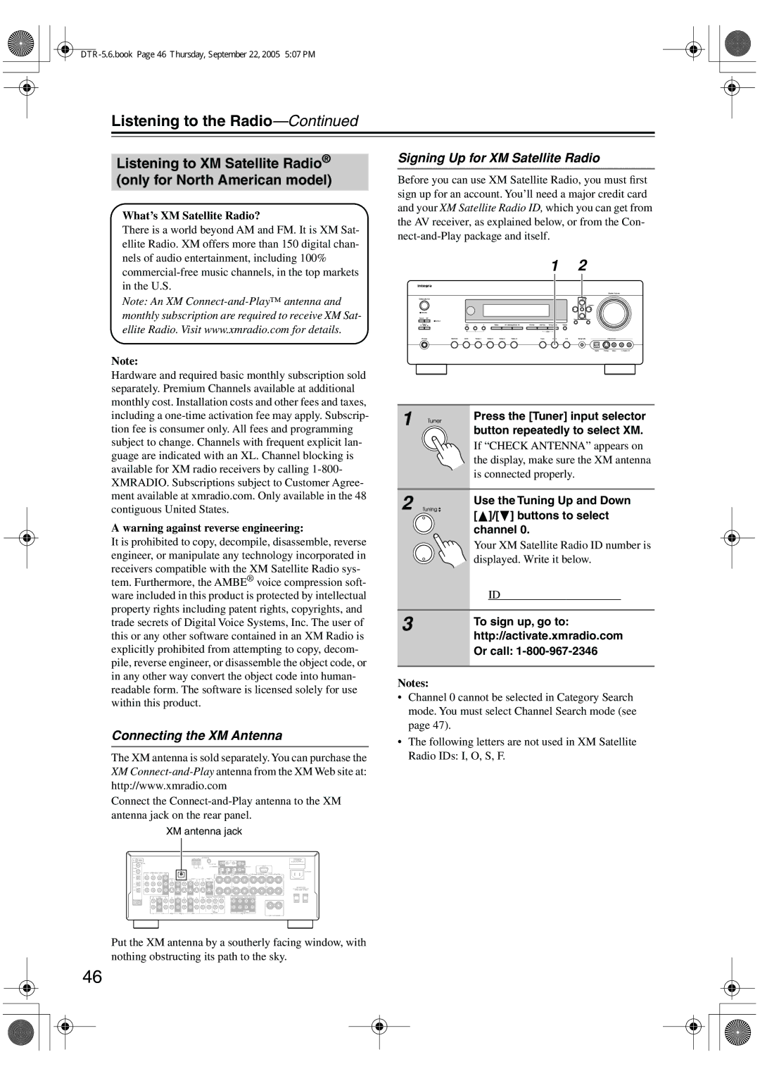 Integra DTR-5.6 instruction manual Listening to the Radio, Connecting the XM Antenna, Signing Up for XM Satellite Radio 