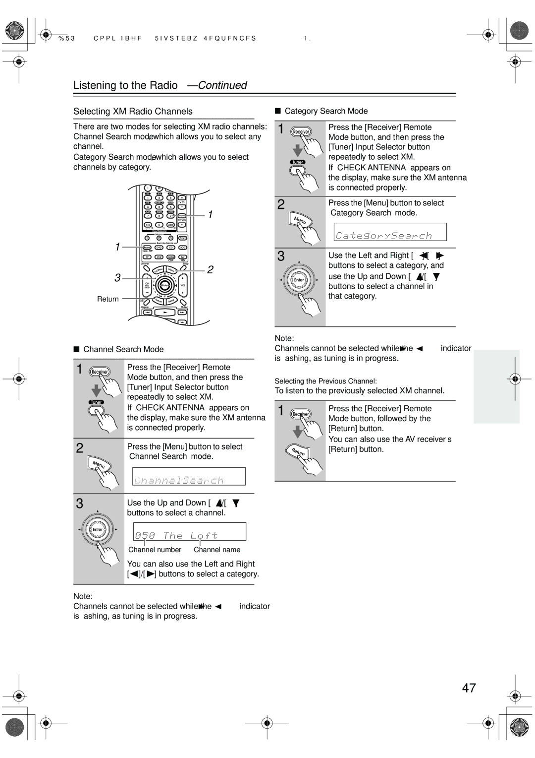 Integra DTR-5.6 Selecting XM Radio Channels, Channel Search mode, Use the Up and Down Buttons to select a channel 