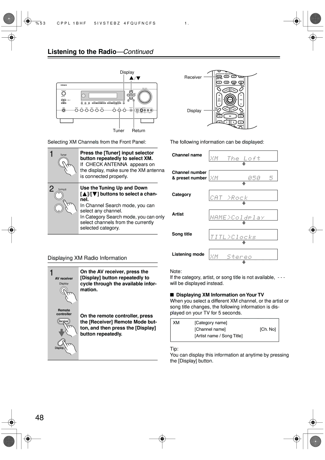 Integra DTR-5.6 Displaying XM Radio Information, Selecting XM Channels from the Front Panel, Buttons to select a chan, Nel 