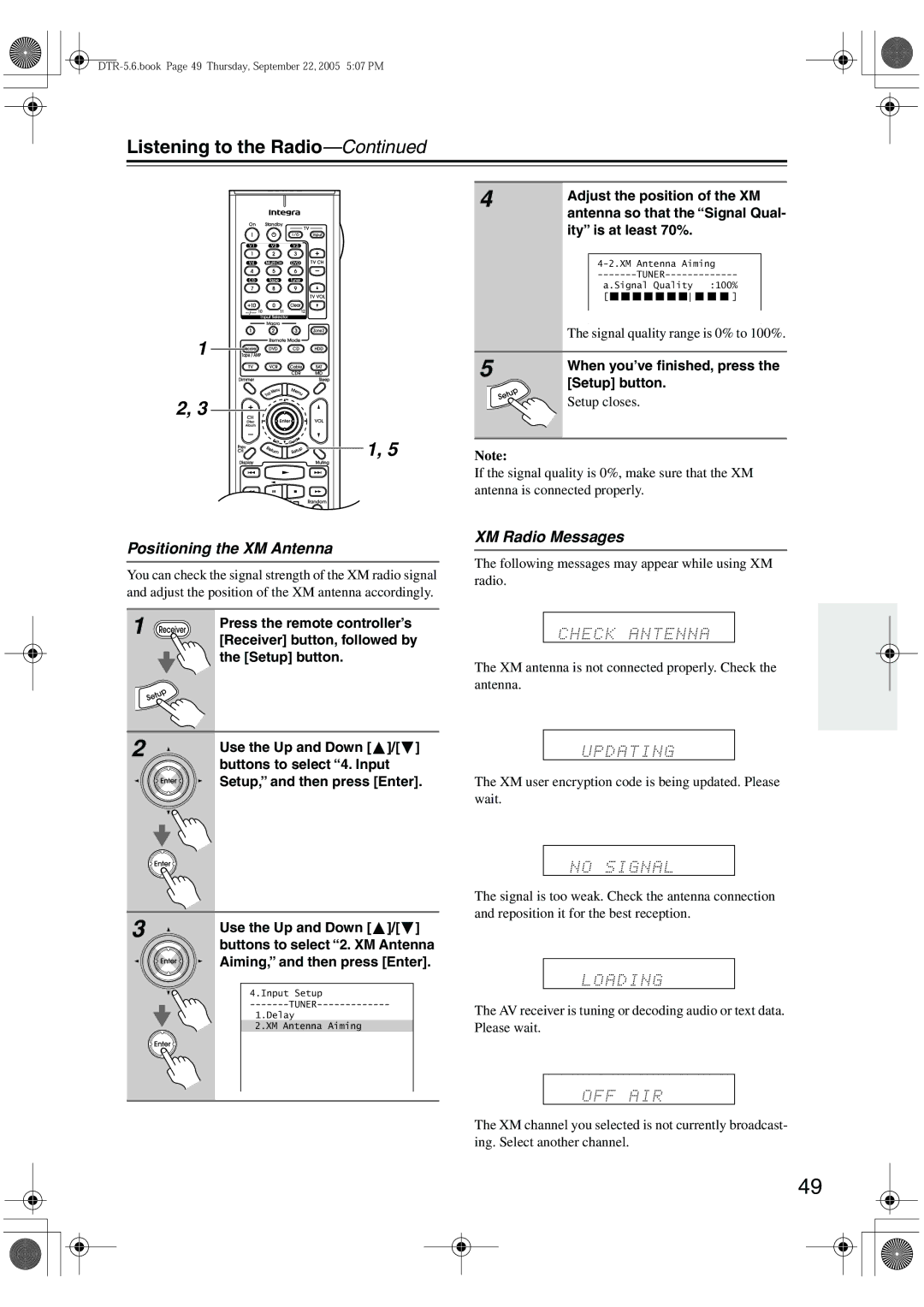 Integra DTR-5.6 instruction manual Positioning the XM Antenna, XM Radio Messages 