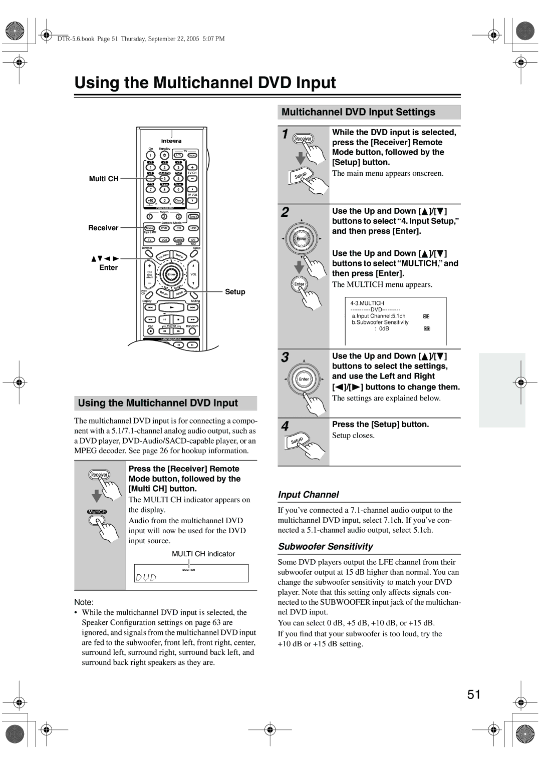 Integra DTR-5.6 Using the Multichannel DVD Input, Multichannel DVD Input Settings, Input Channel, Subwoofer Sensitivity 