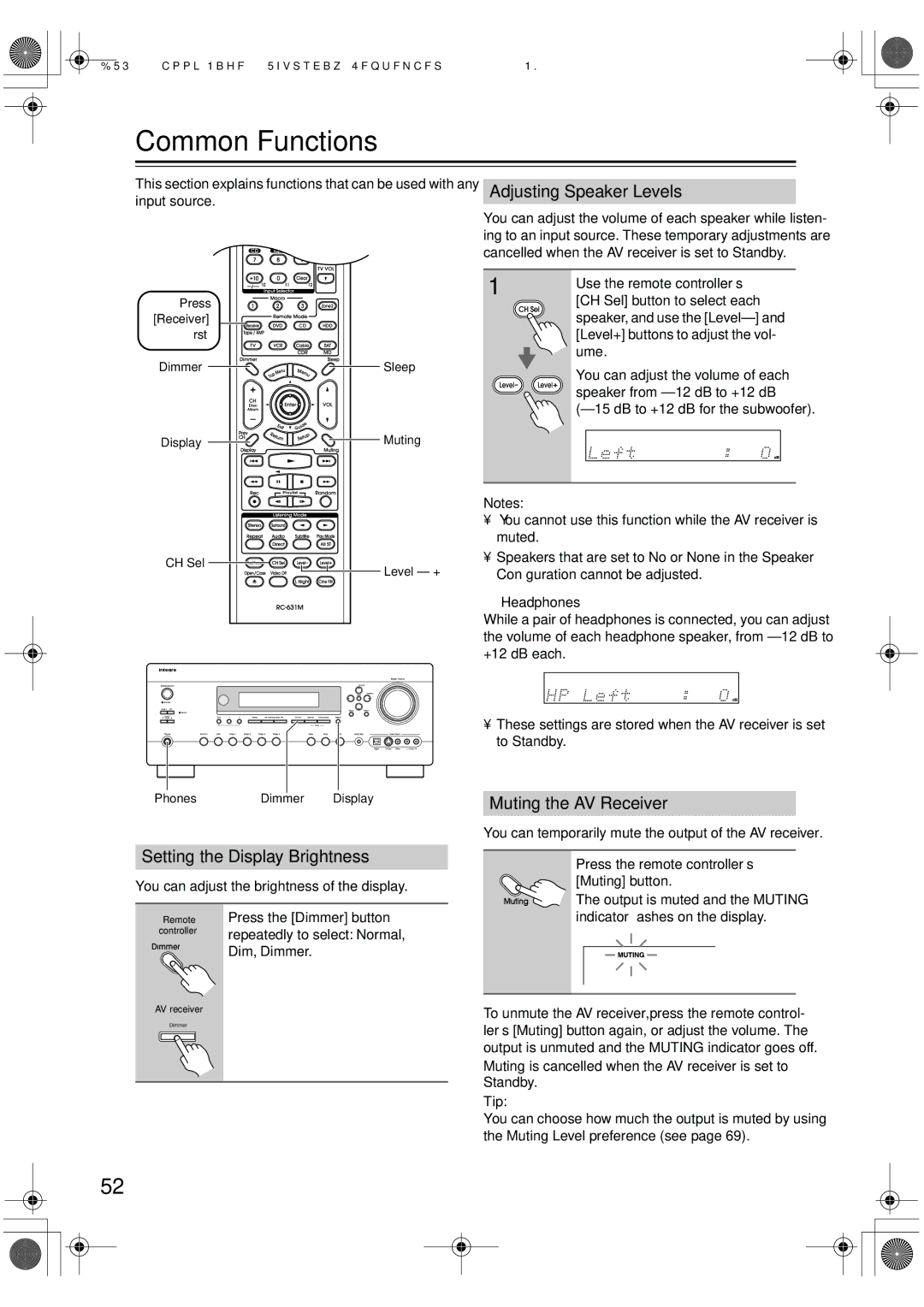 Integra DTR-5.6 Common Functions, Adjusting Speaker Levels, Setting the Display Brightness, Muting the AV Receiver 