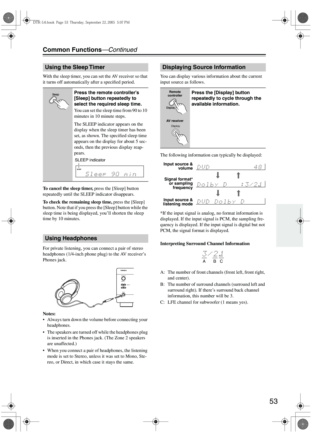 Integra DTR-5.6 instruction manual Common Functions, Using the Sleep Timer, Displaying Source Information, Using Headphones 