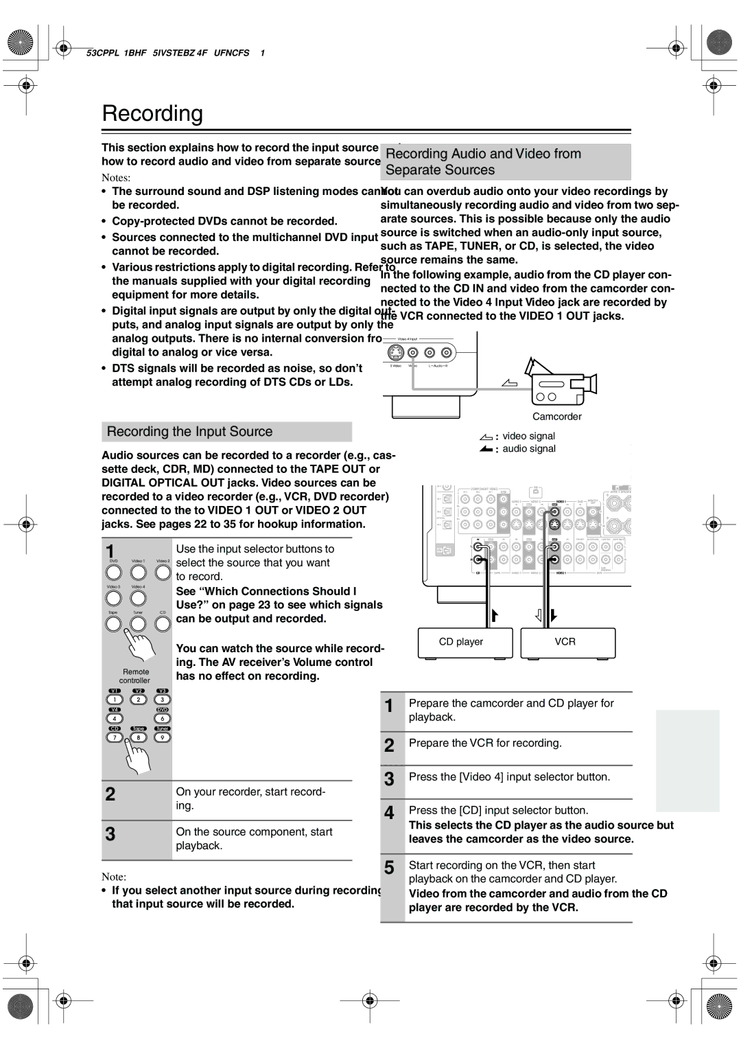 Integra DTR-5.6 instruction manual Recording Audio and Video from Separate Sources, Recording the Input Source 