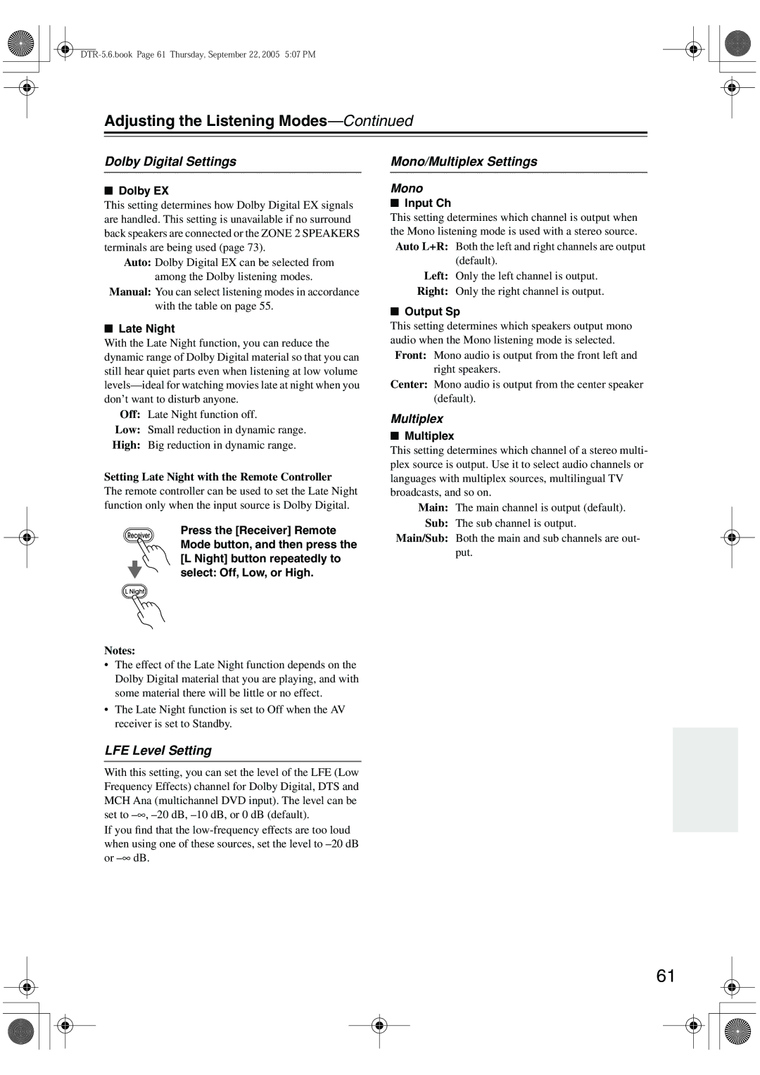 Integra DTR-5.6 instruction manual Dolby Digital Settings, Mono/Multiplex Settings, LFE Level Setting 