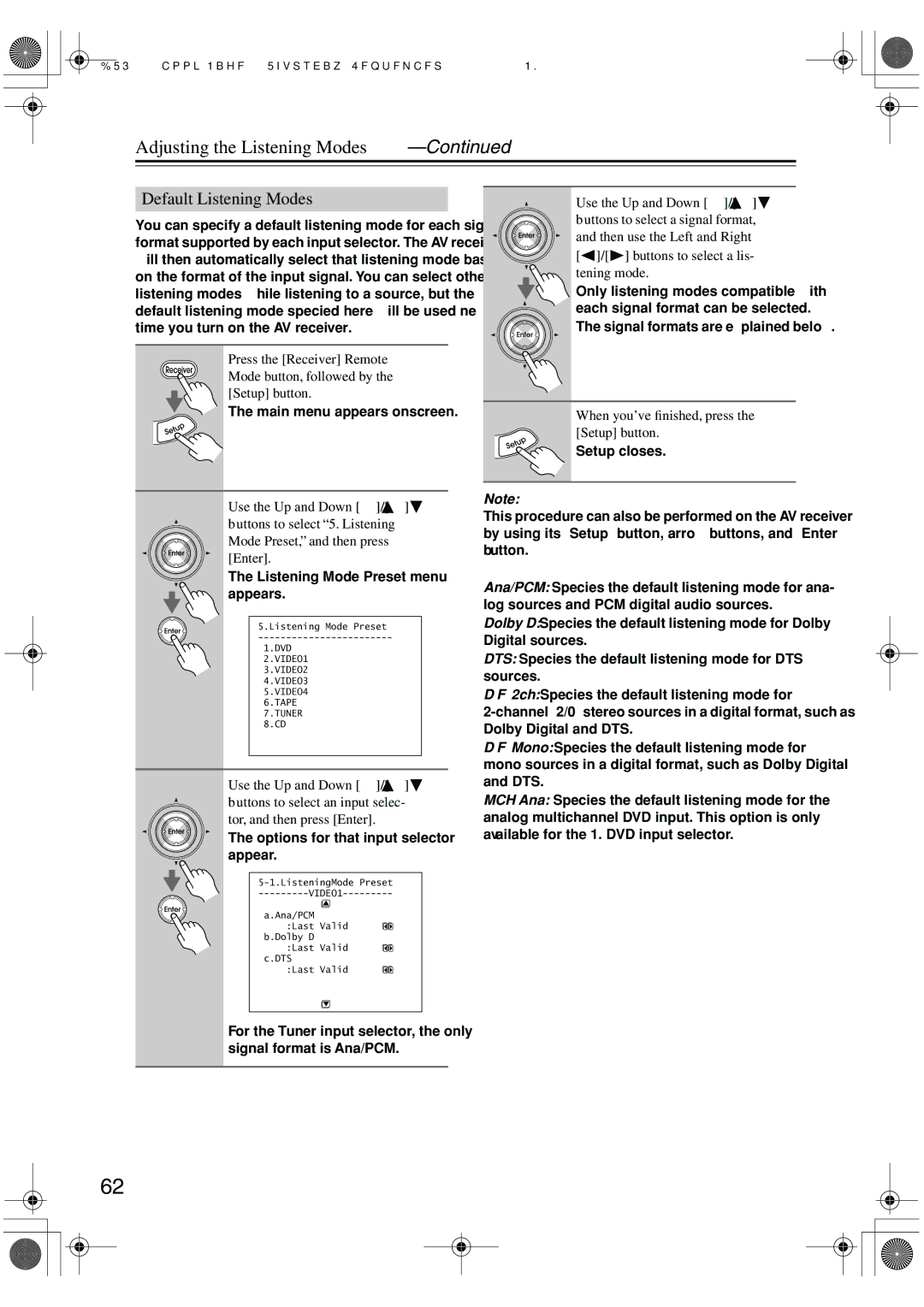 Integra DTR-5.6 instruction manual Default Listening Modes, Use the Up and Down Buttons to select 5. Listening 