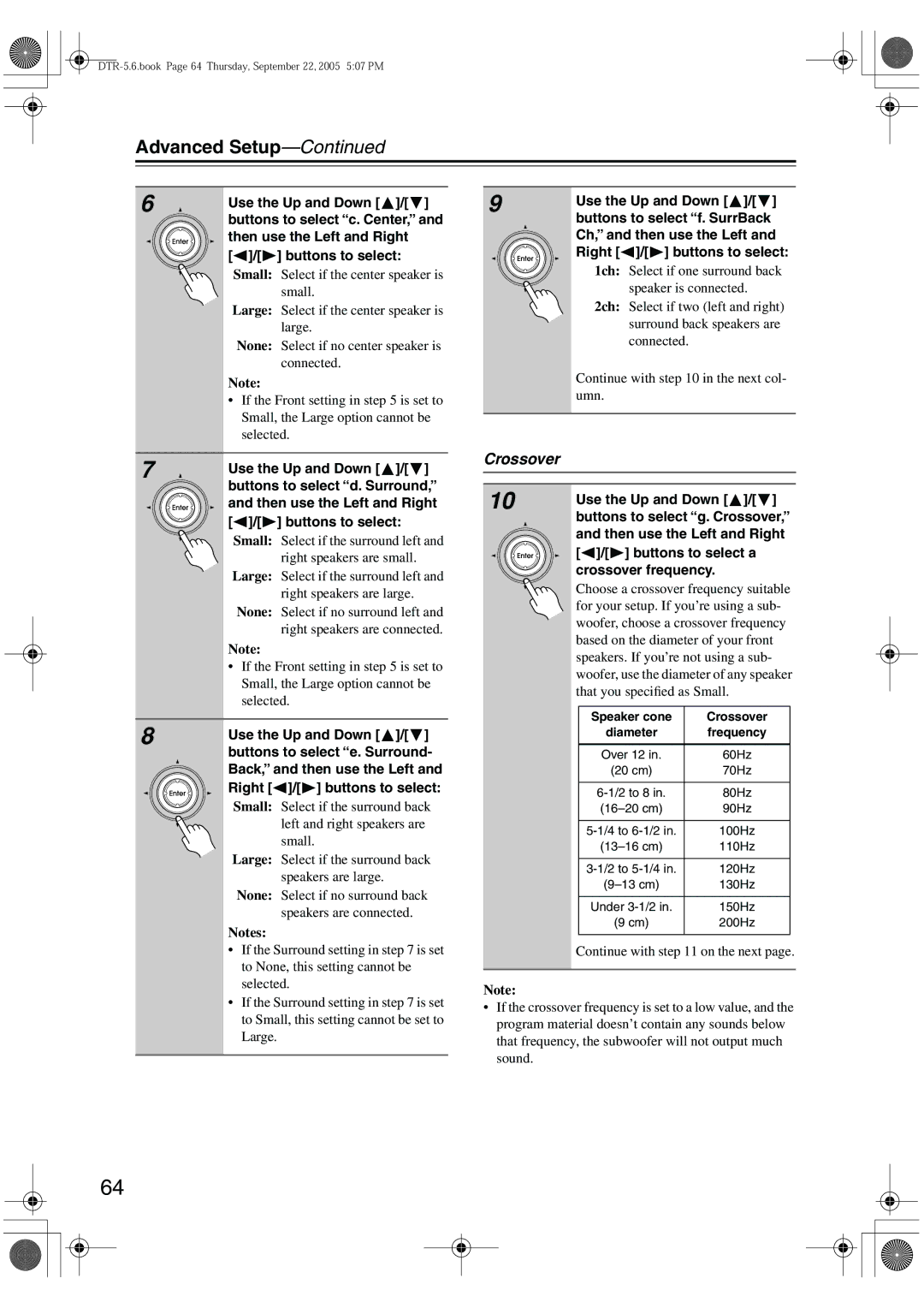 Integra DTR-5.6 instruction manual Advanced Setup, Crossover 