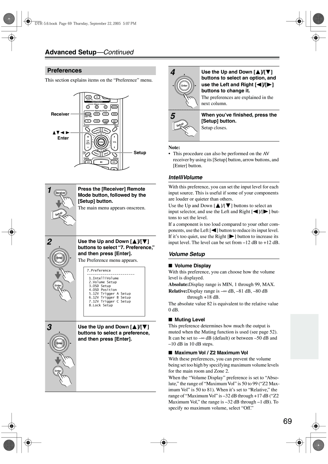 Integra DTR-5.6 instruction manual Preferences, IntelliVolume, Volume Setup 