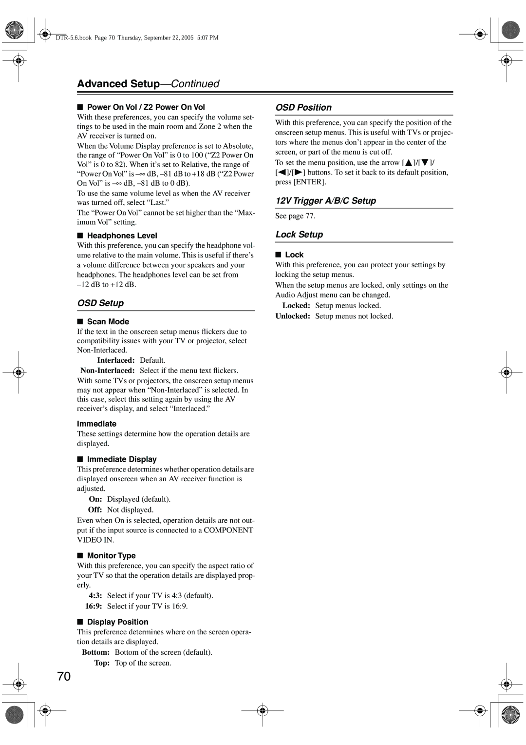 Integra DTR-5.6 instruction manual OSD Setup, OSD Position, 12V Trigger A/B/C Setup, Lock Setup 