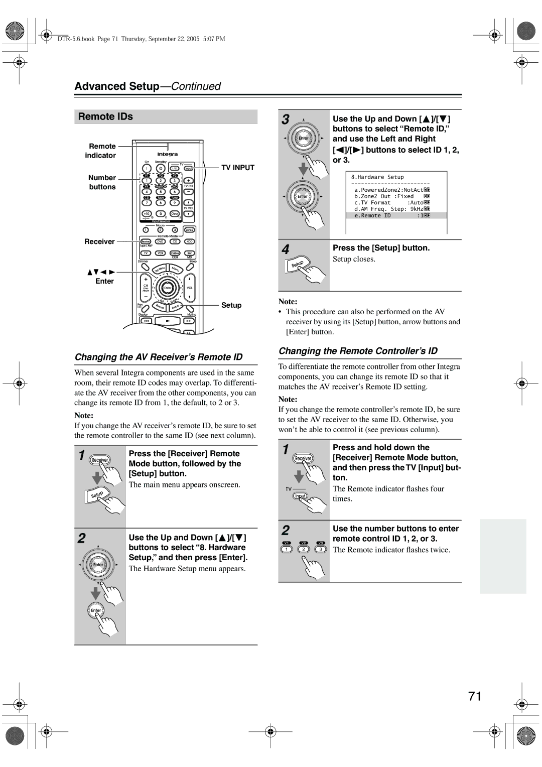 Integra DTR-5.6 instruction manual Remote IDs, Changing the AV Receiver’s Remote ID, Changing the Remote Controller’s ID 