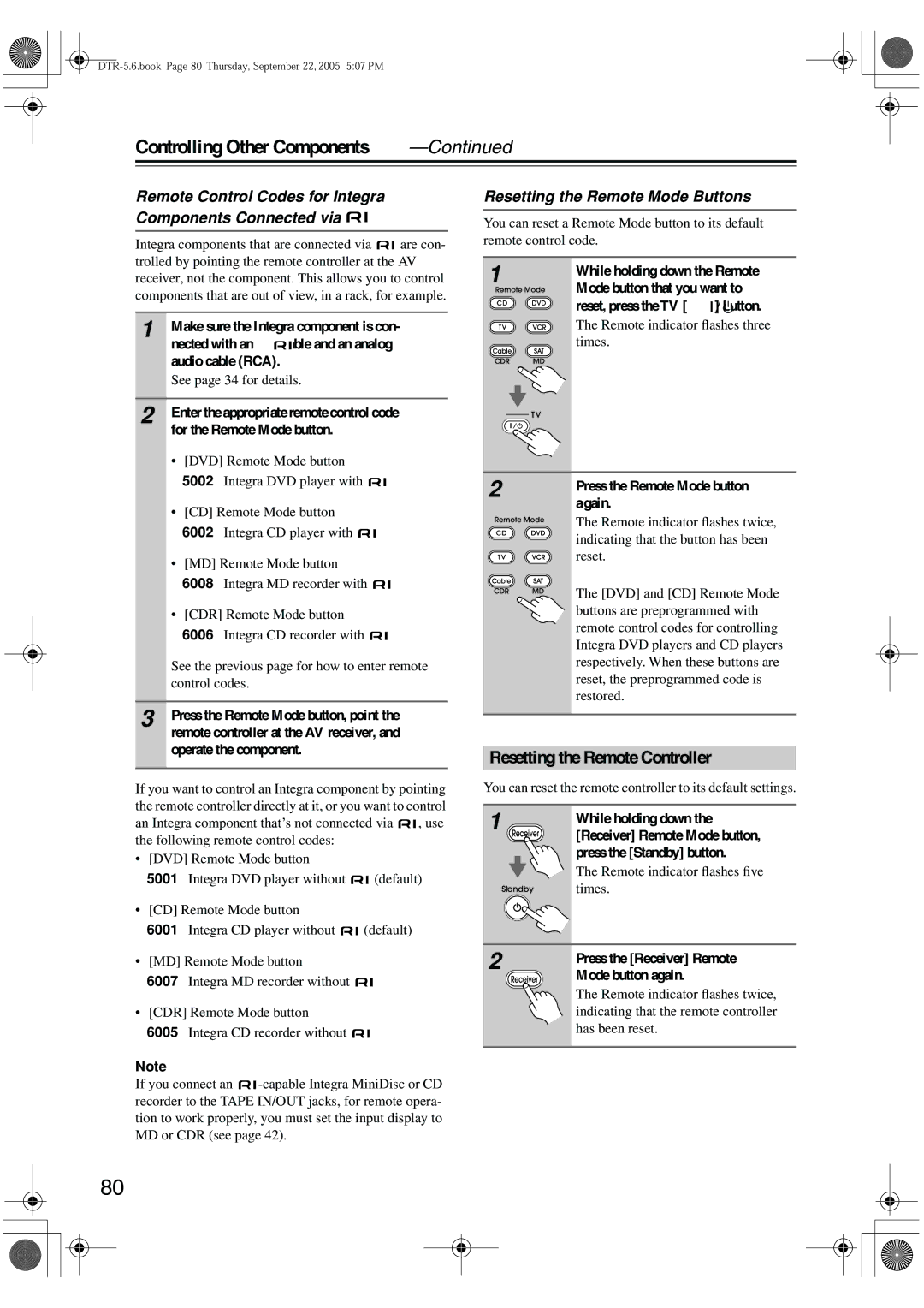 Integra DTR-5.6 Controlling Other Components, Resetting the Remote Controller, Resetting the Remote Mode Buttons 